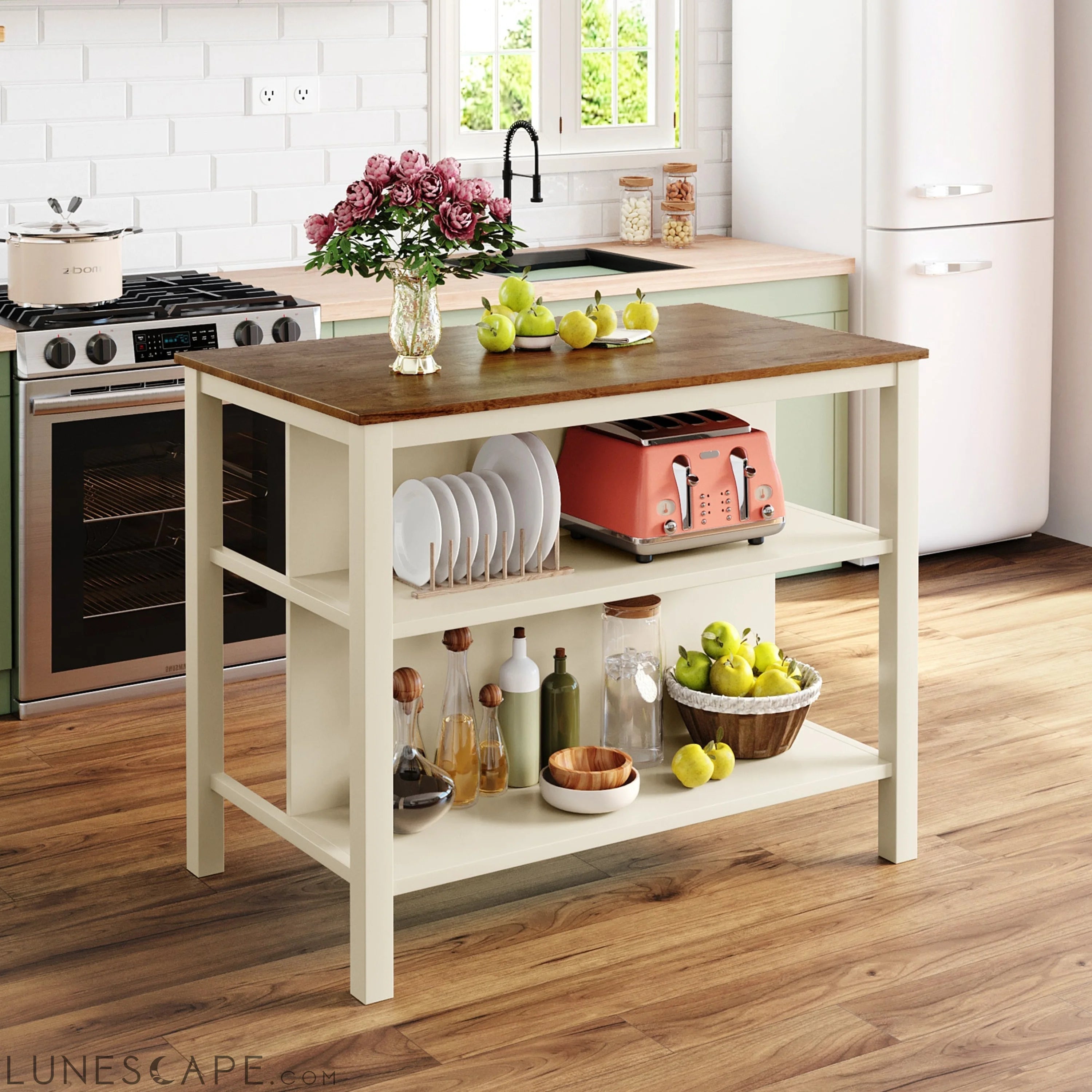 Solid Wood Rustic 45" Stationary Kitchen Island, Rubber Wood Butcher Block Dining Table Prep Table With 2 Open Shelves F LUNESCAPE