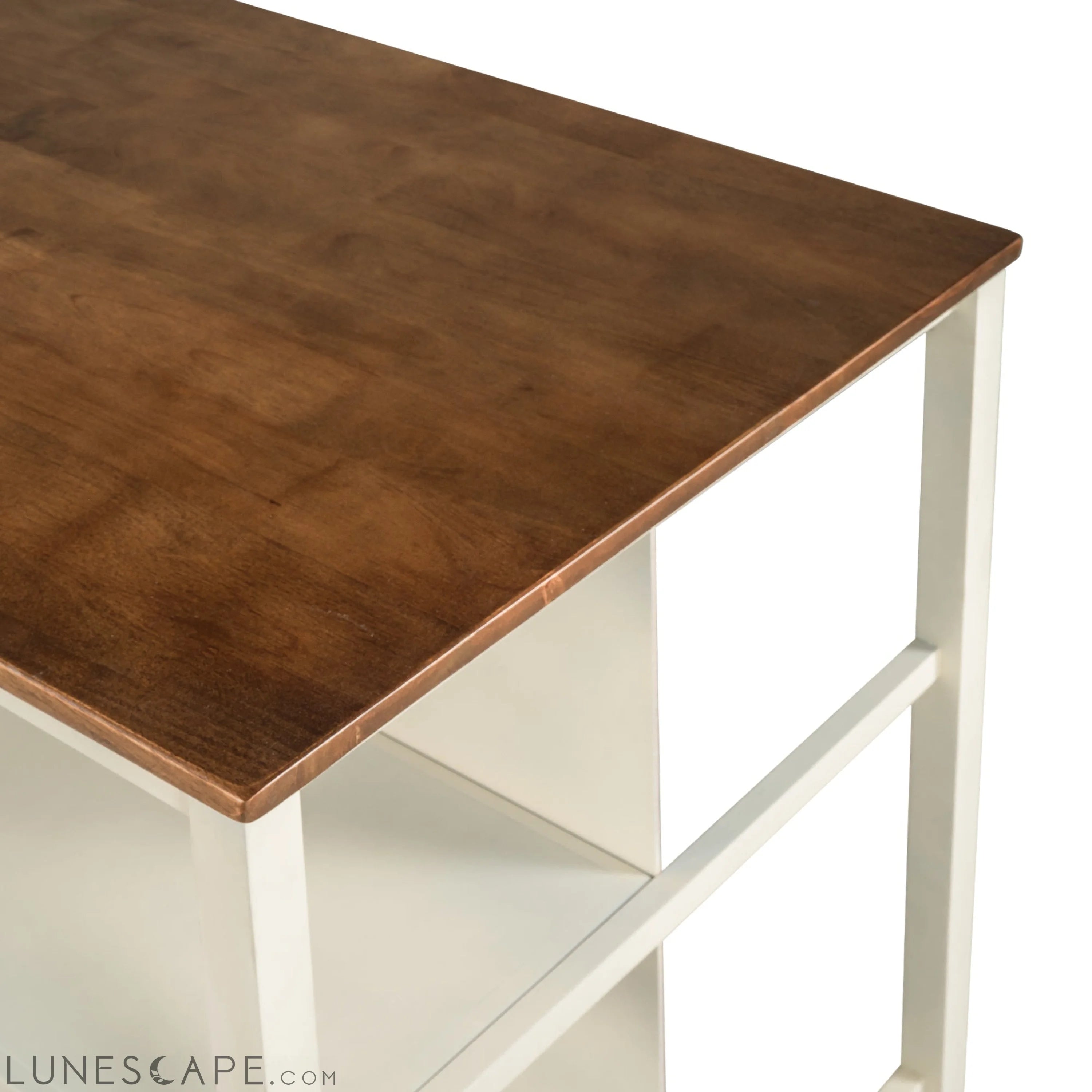 Solid Wood Rustic 45" Stationary Kitchen Island, Rubber Wood Butcher Block Dining Table Prep Table With 2 Open Shelves F LUNESCAPE