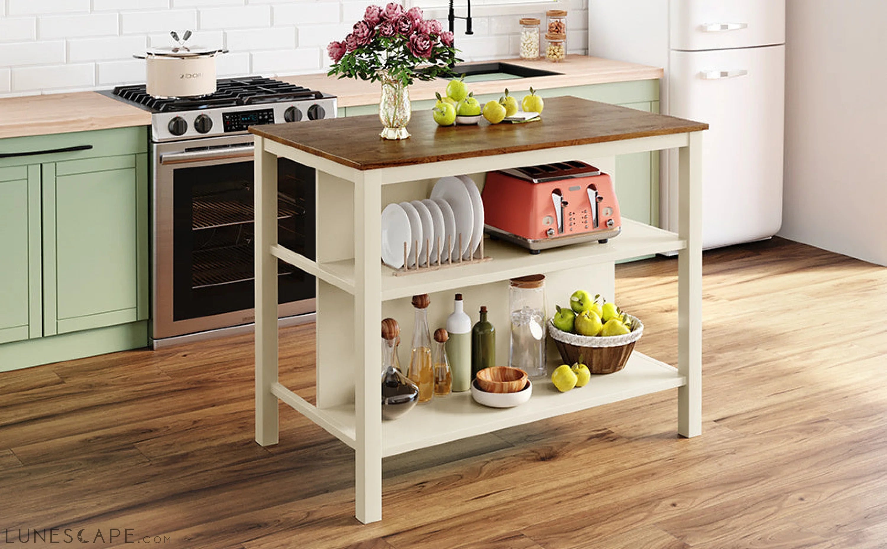 Solid Wood Rustic 45" Stationary Kitchen Island, Rubber Wood Butcher Block Dining Table Prep Table With 2 Open Shelves F LUNESCAPE