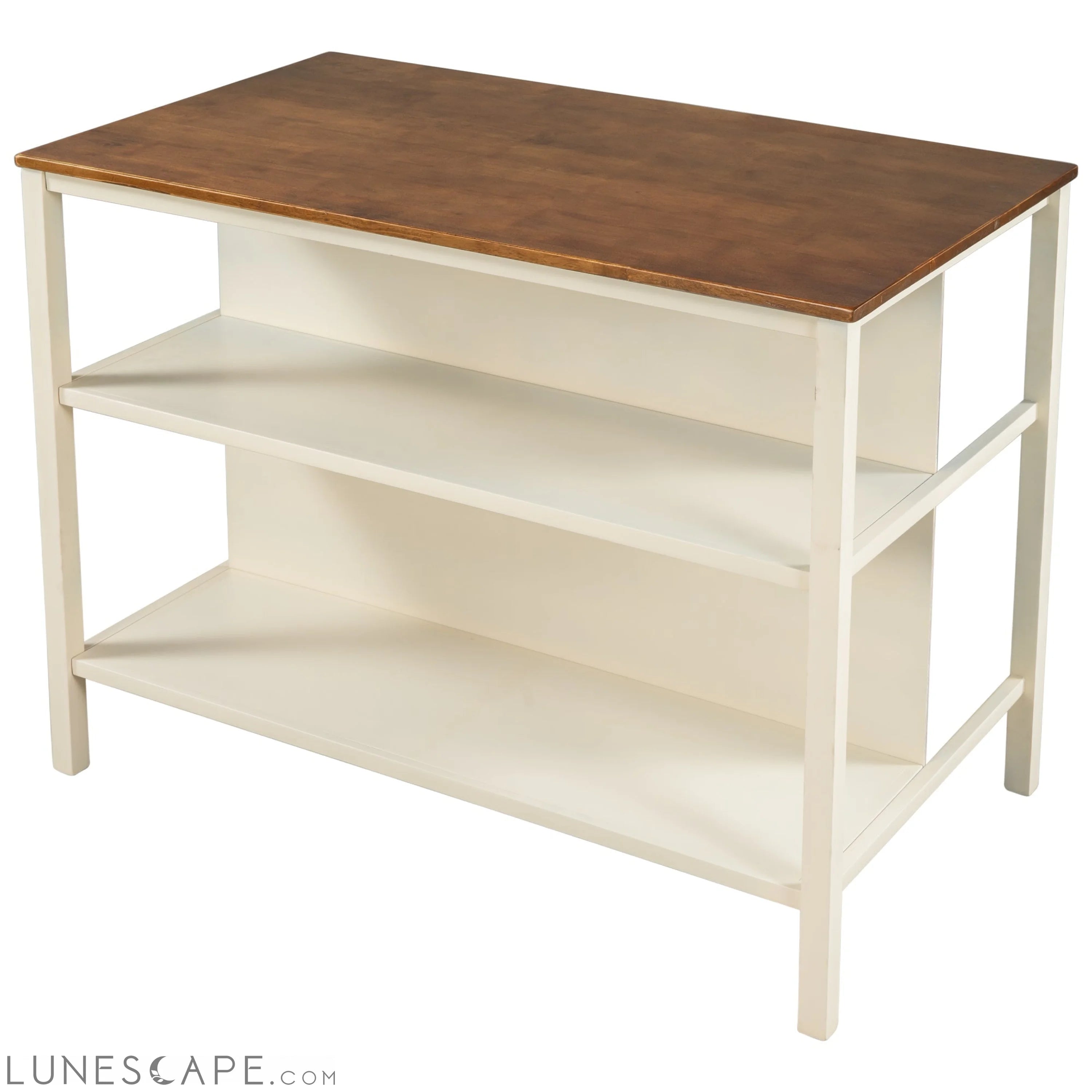 Solid Wood Rustic 45" Stationary Kitchen Island, Rubber Wood Butcher Block Dining Table Prep Table With 2 Open Shelves F LUNESCAPE