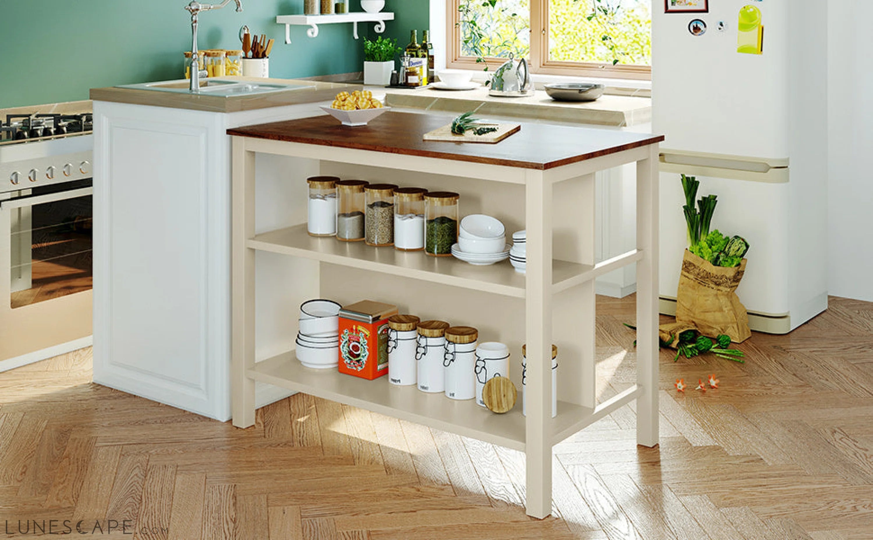 Solid Wood Rustic 45" Stationary Kitchen Island, Rubber Wood Butcher Block Dining Table Prep Table With 2 Open Shelves F LUNESCAPE