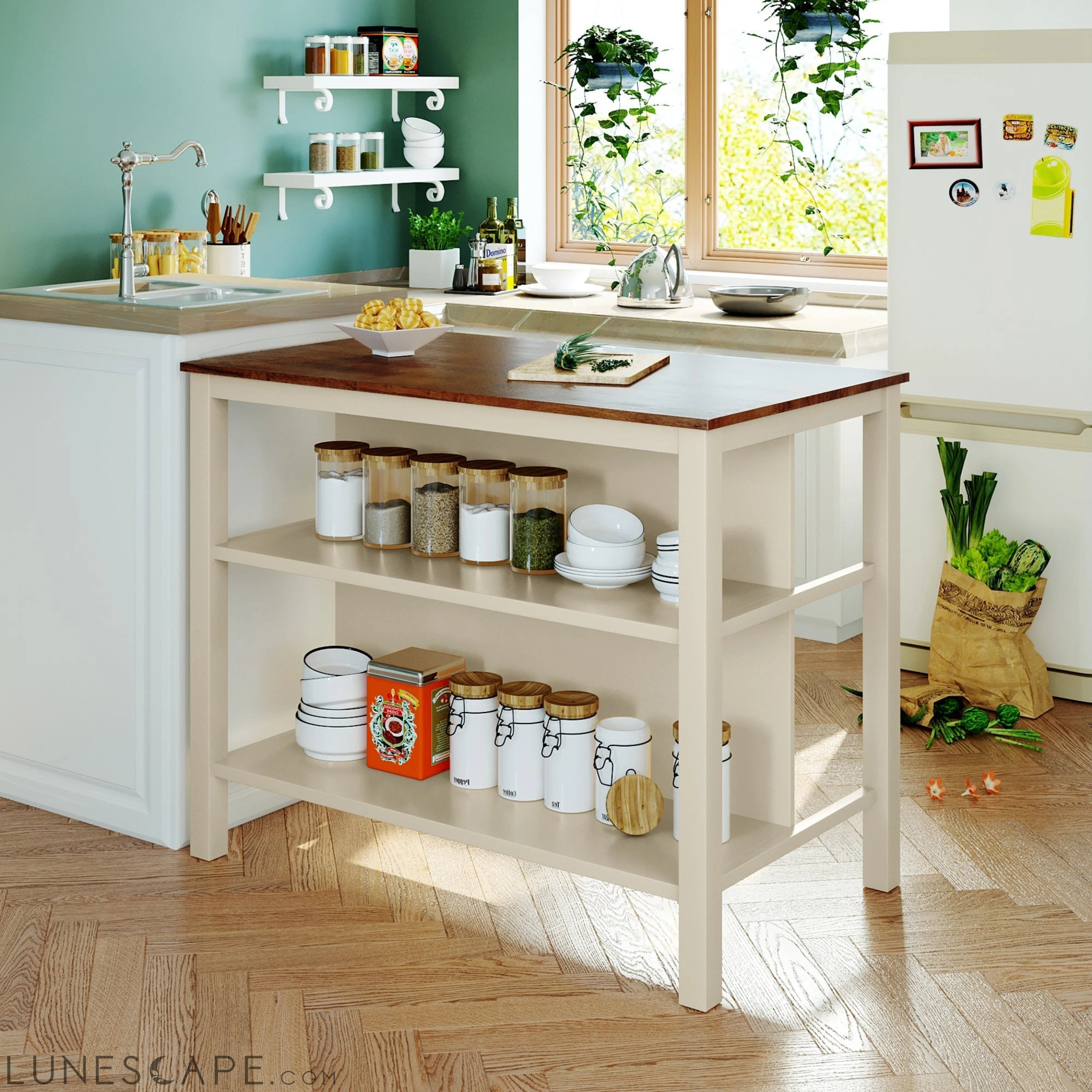 Solid Wood Rustic 45" Stationary Kitchen Island, Rubber Wood Butcher Block Dining Table Prep Table With 2 Open Shelves F LUNESCAPE