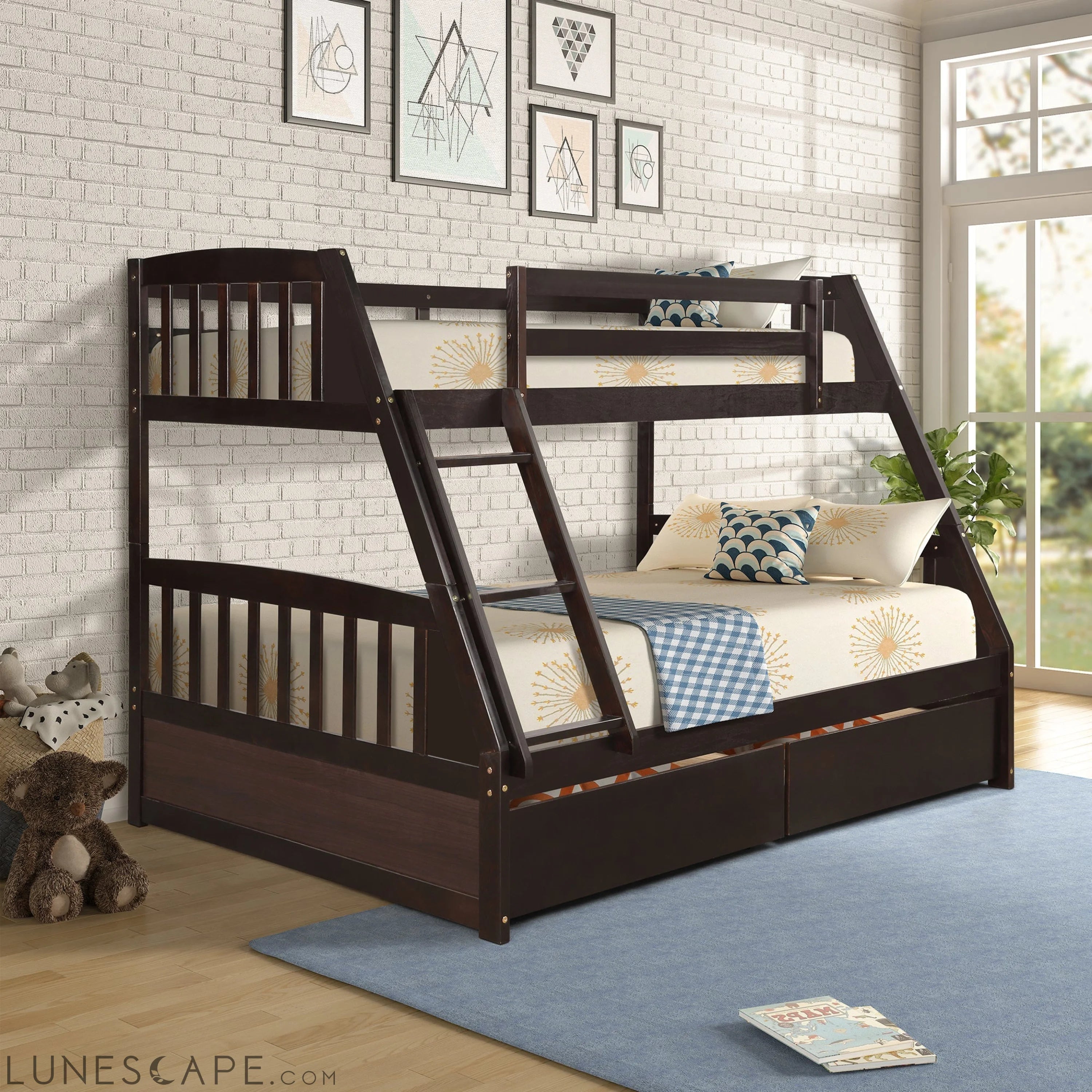 Solid Wood Twin Over Full Bunk Bed with Two Storage Drawers, Espresso LUNESCAPE