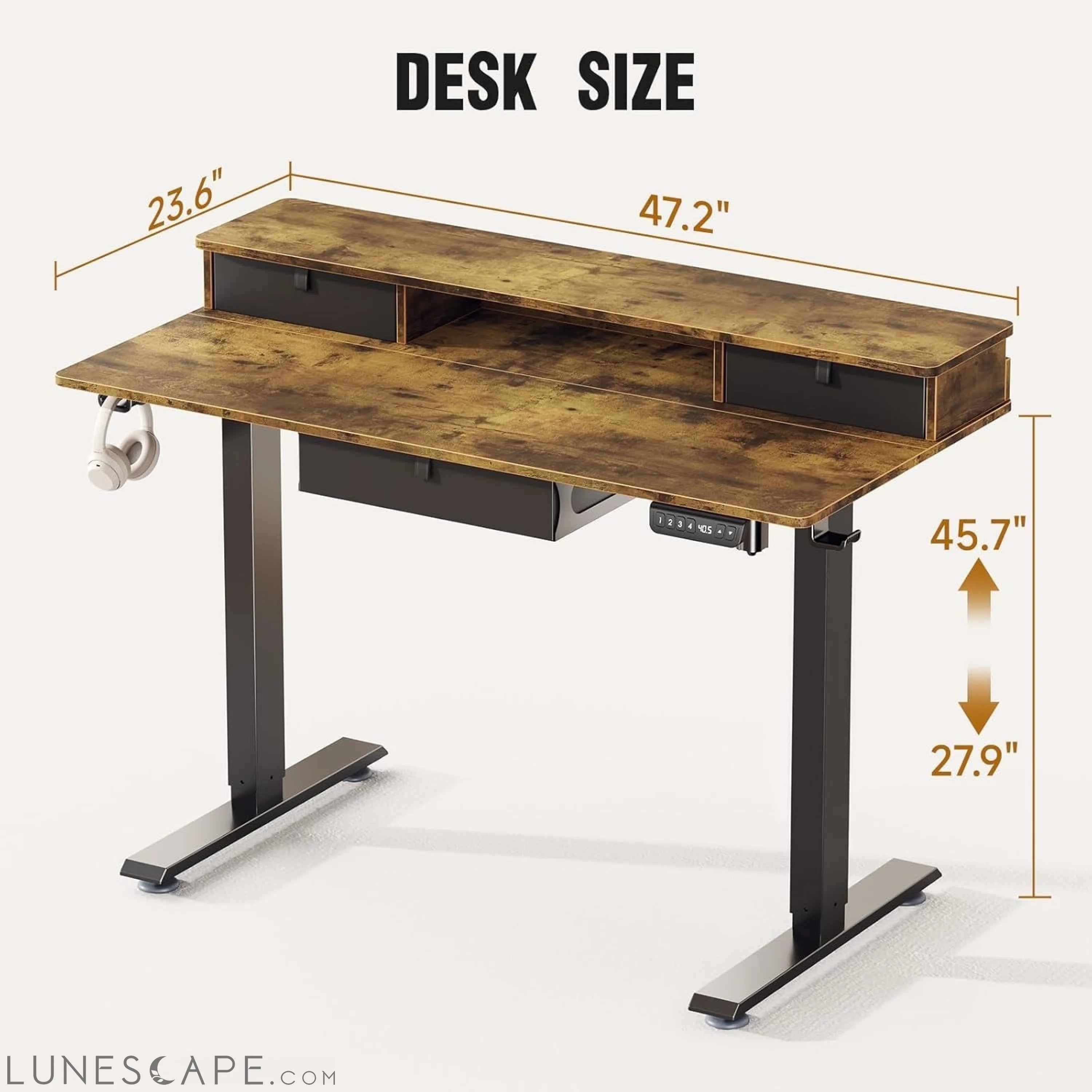 Standing Desk with 3 Drawers and Raised Storage Shelf, Electric Height LUNESCAPE