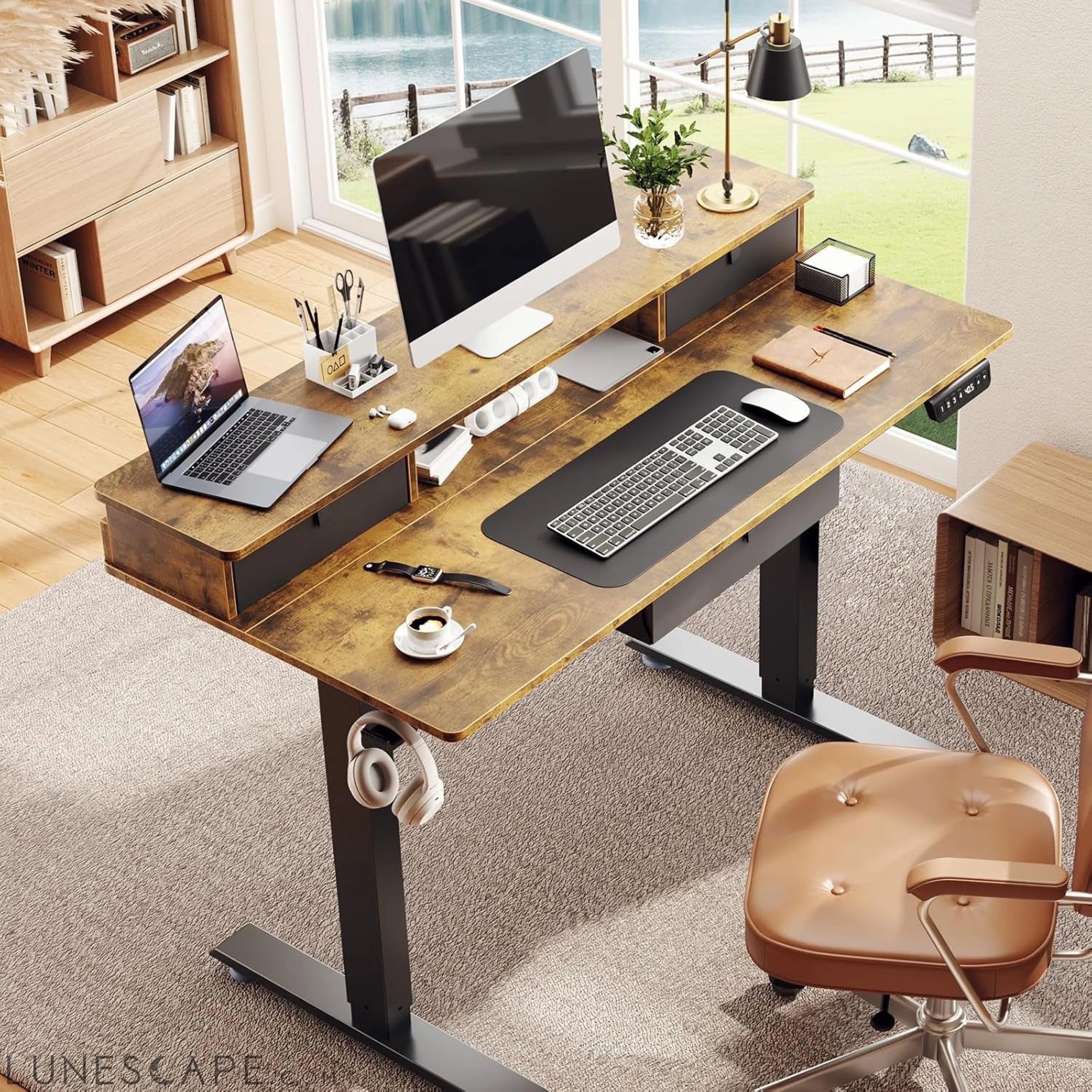 Standing Desk with 3 Drawers and Raised Storage Shelf, Electric Height LUNESCAPE