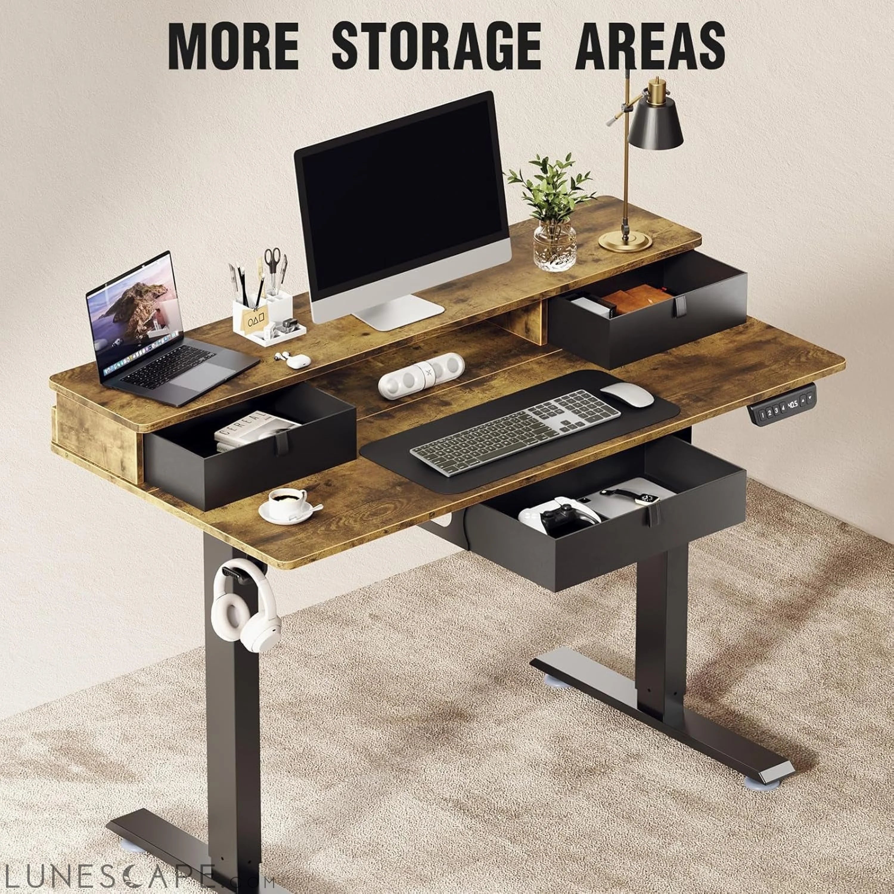 Standing Desk with 3 Drawers and Raised Storage Shelf, Electric Height LUNESCAPE