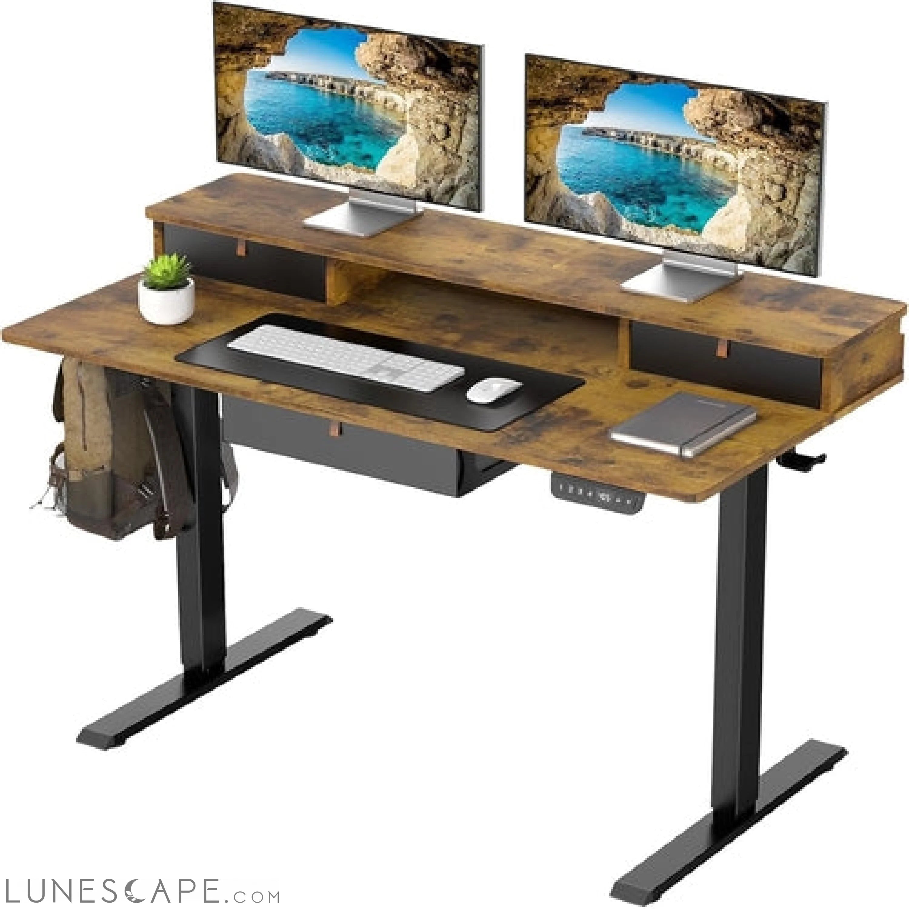 Standing Desk with 3 Drawers and Raised Storage Shelf, Electric Height LUNESCAPE