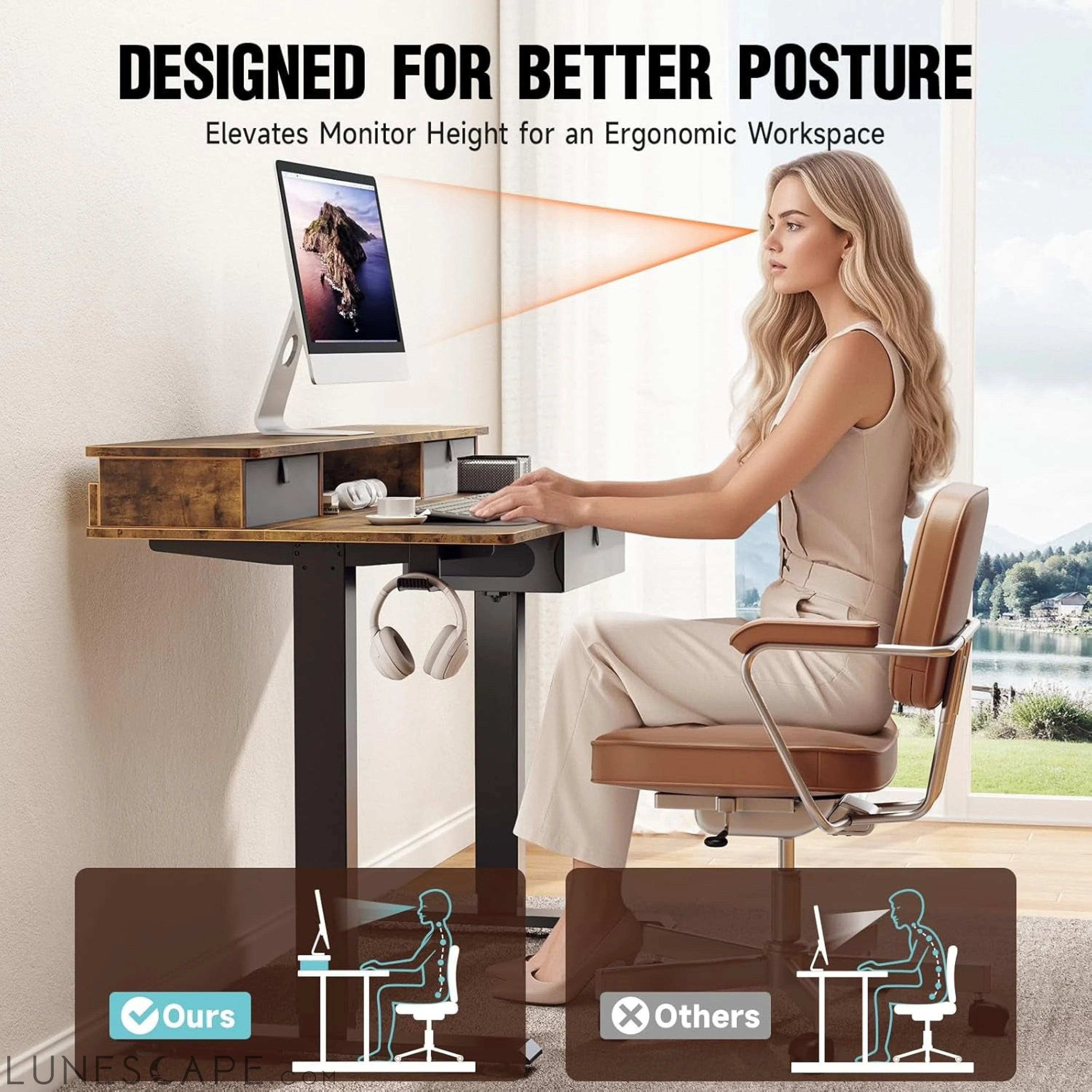 Standing Desk with 3 Drawers and Raised Storage Shelf, Electric Height LUNESCAPE