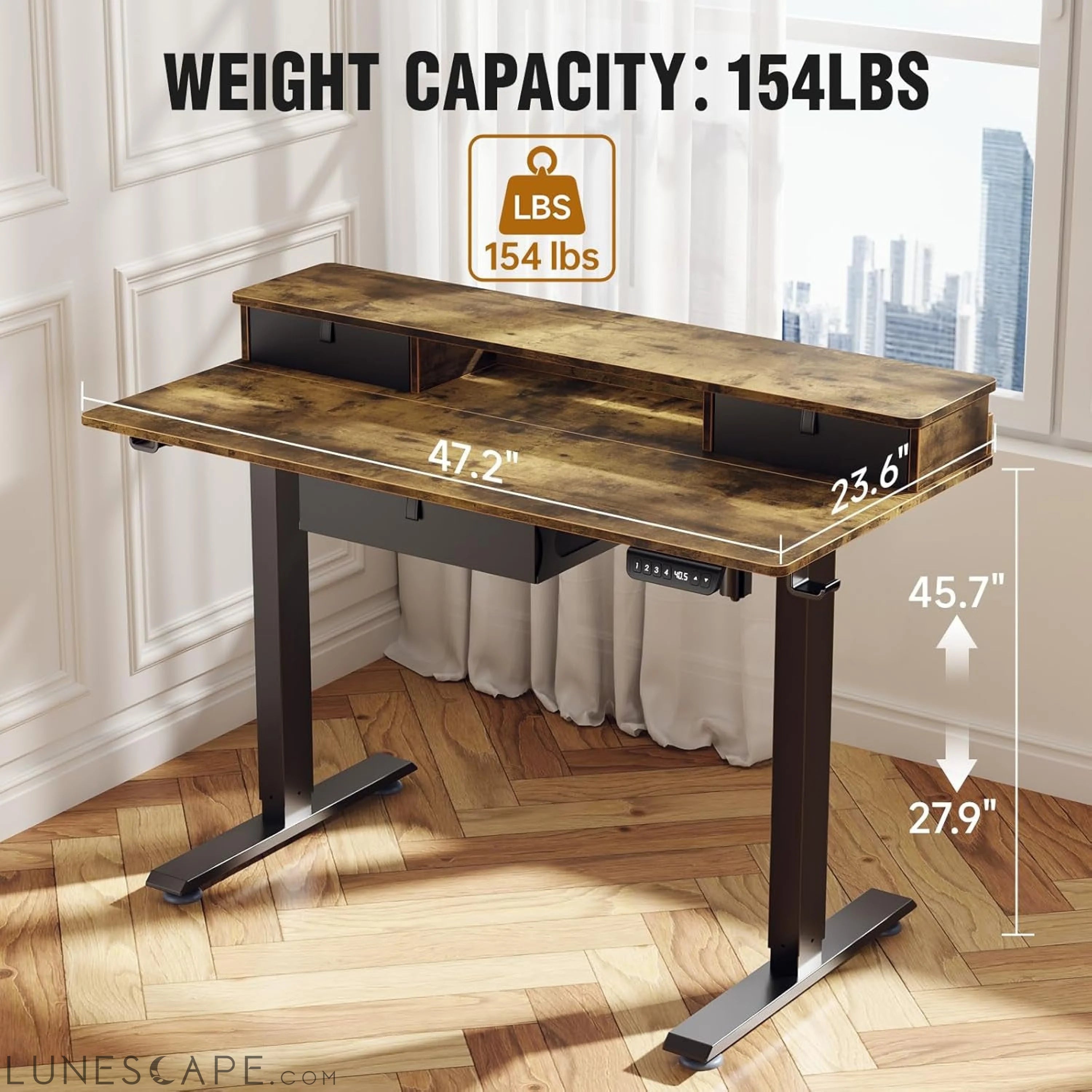 Standing Desk with 3 Drawers and Raised Storage Shelf, Electric Height LUNESCAPE