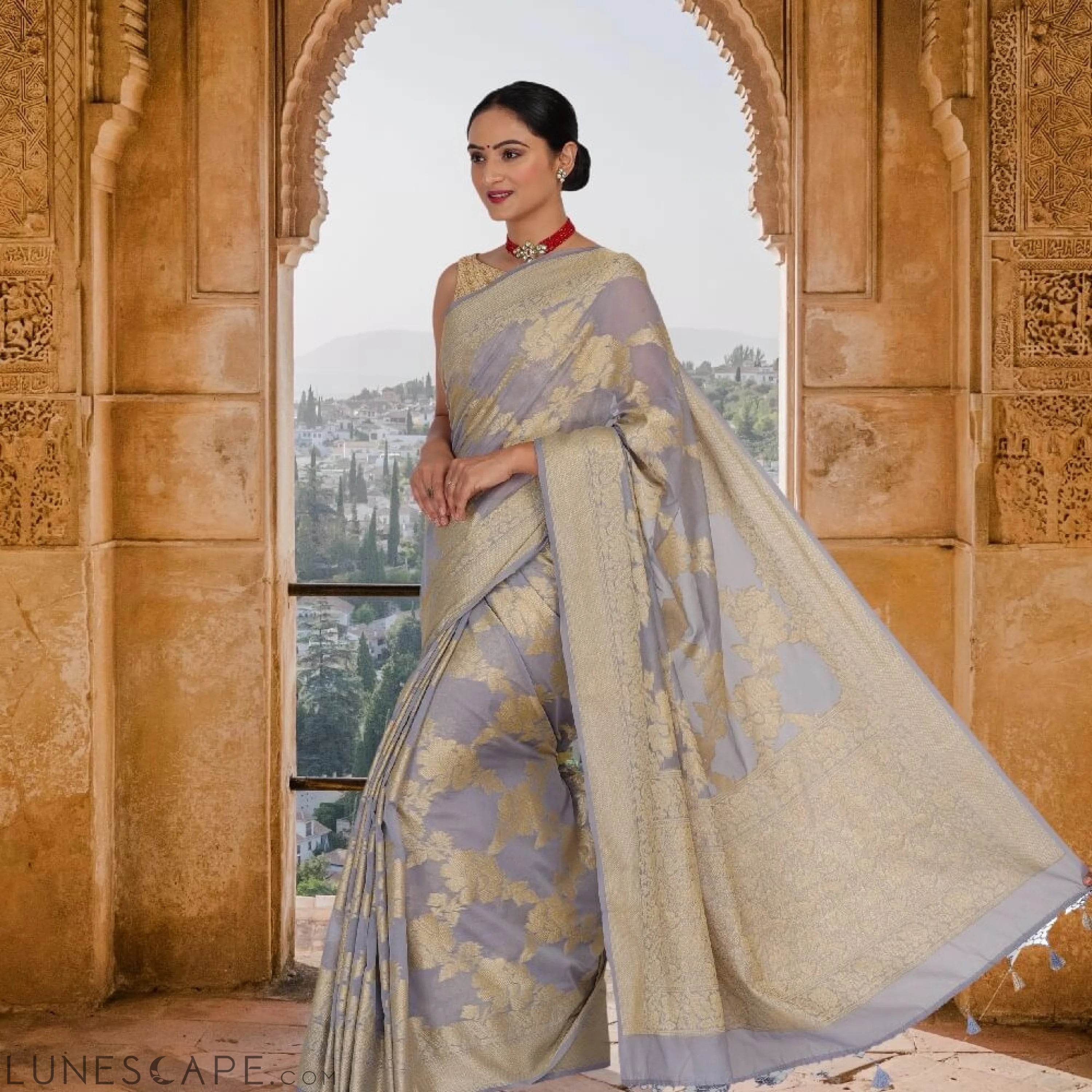 Steel Gray Soft Jaal Work  Banarasi Saree LUNESCAPE