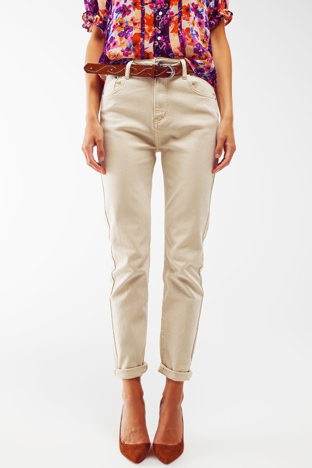 Stretch Cotton Skinny Jeans in Beige LUNESCAPE