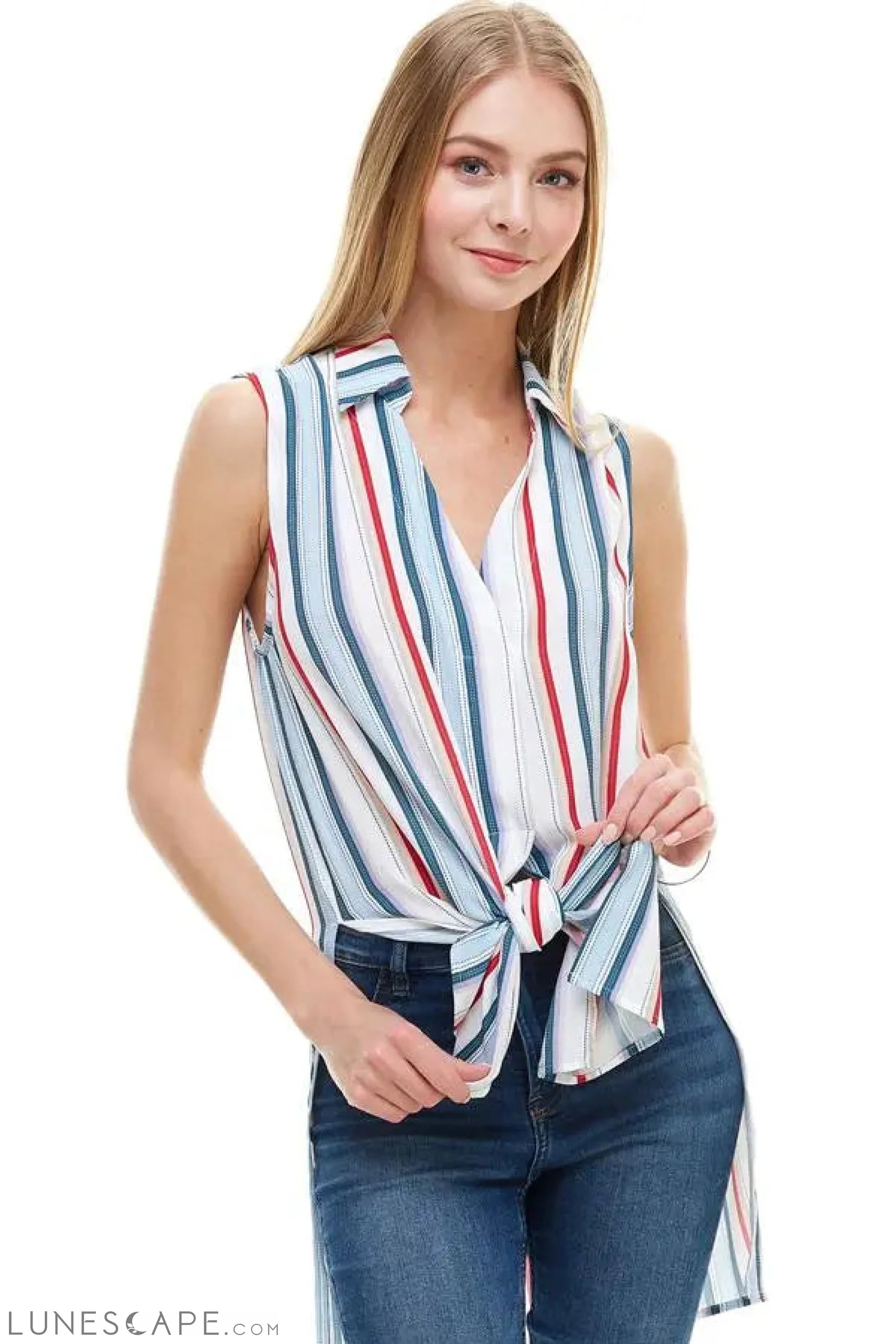 Stripe Double Blouson Tie Front LUNESCAPE