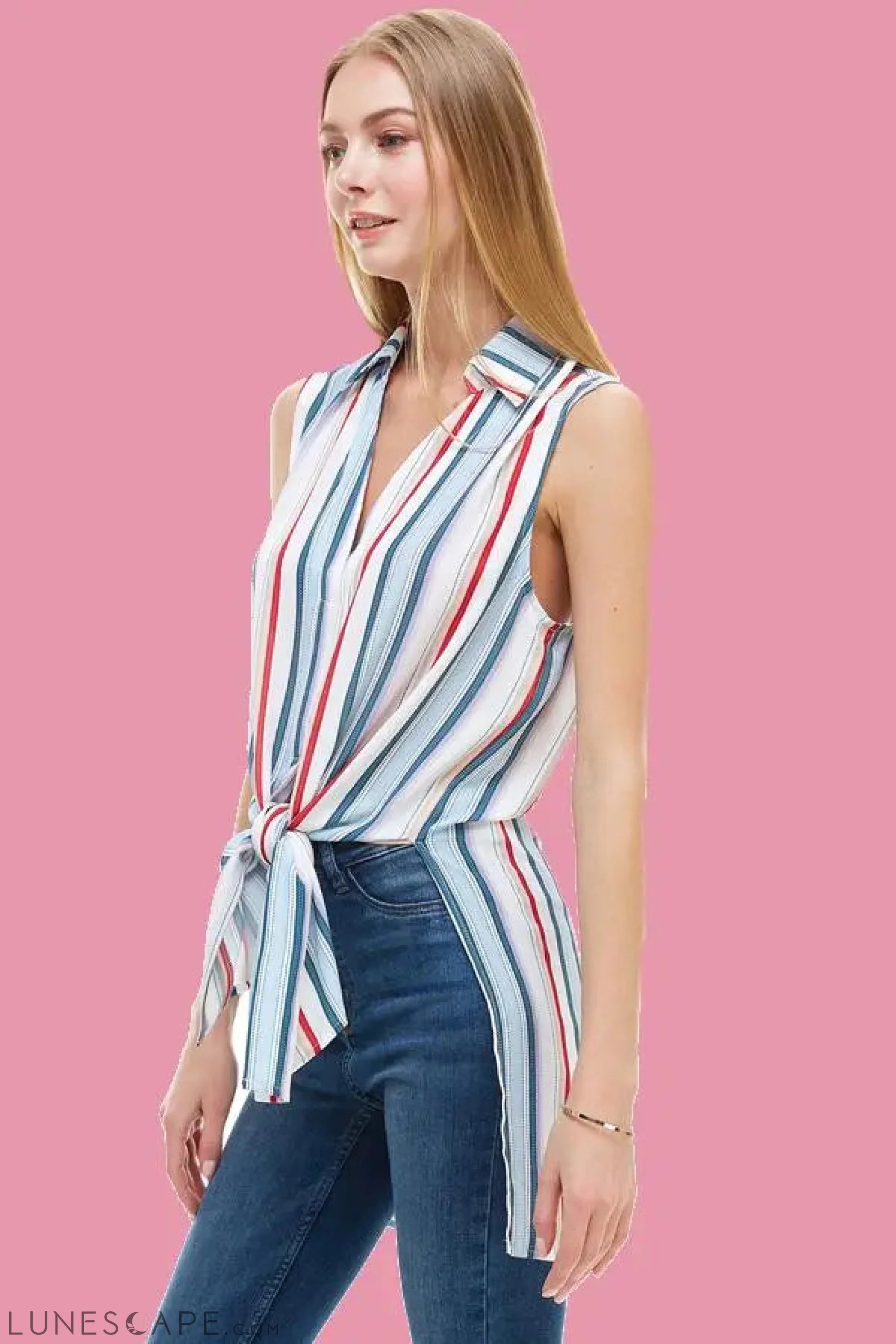 Stripe Double Blouson Tie Front LUNESCAPE