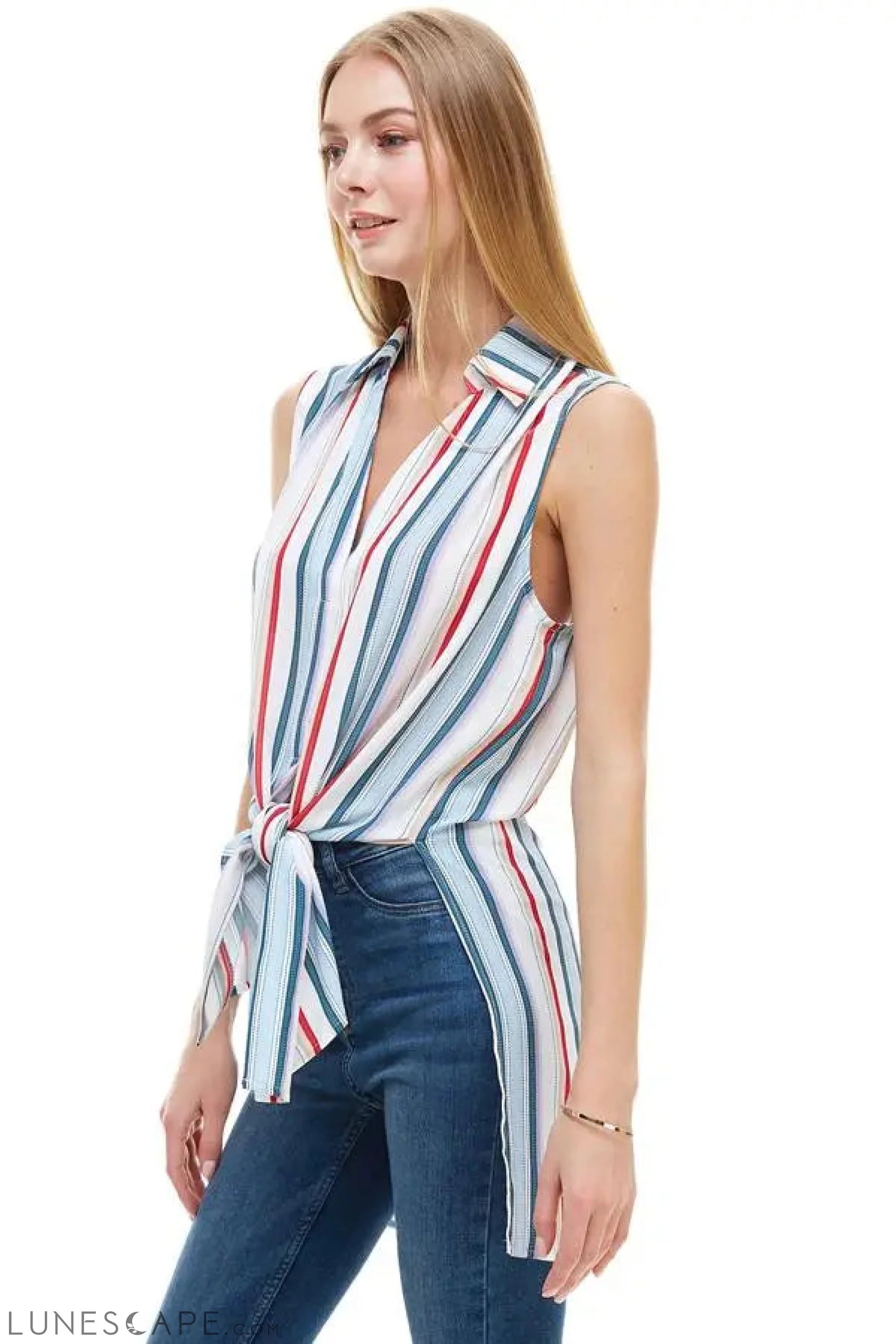 Stripe Double Blouson Tie Front LUNESCAPE