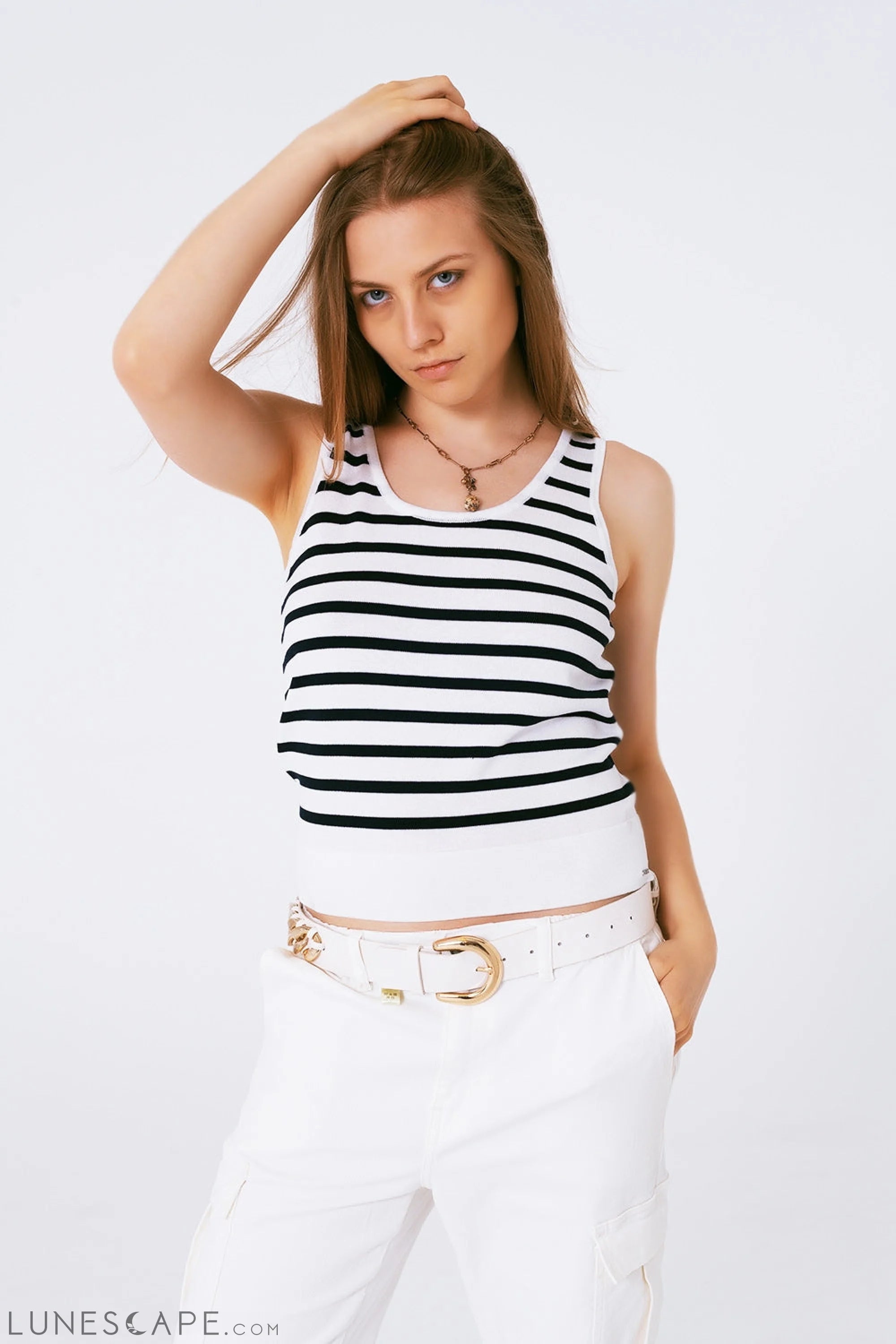 Striped Cropped Top in Navy and White LUNESCAPE