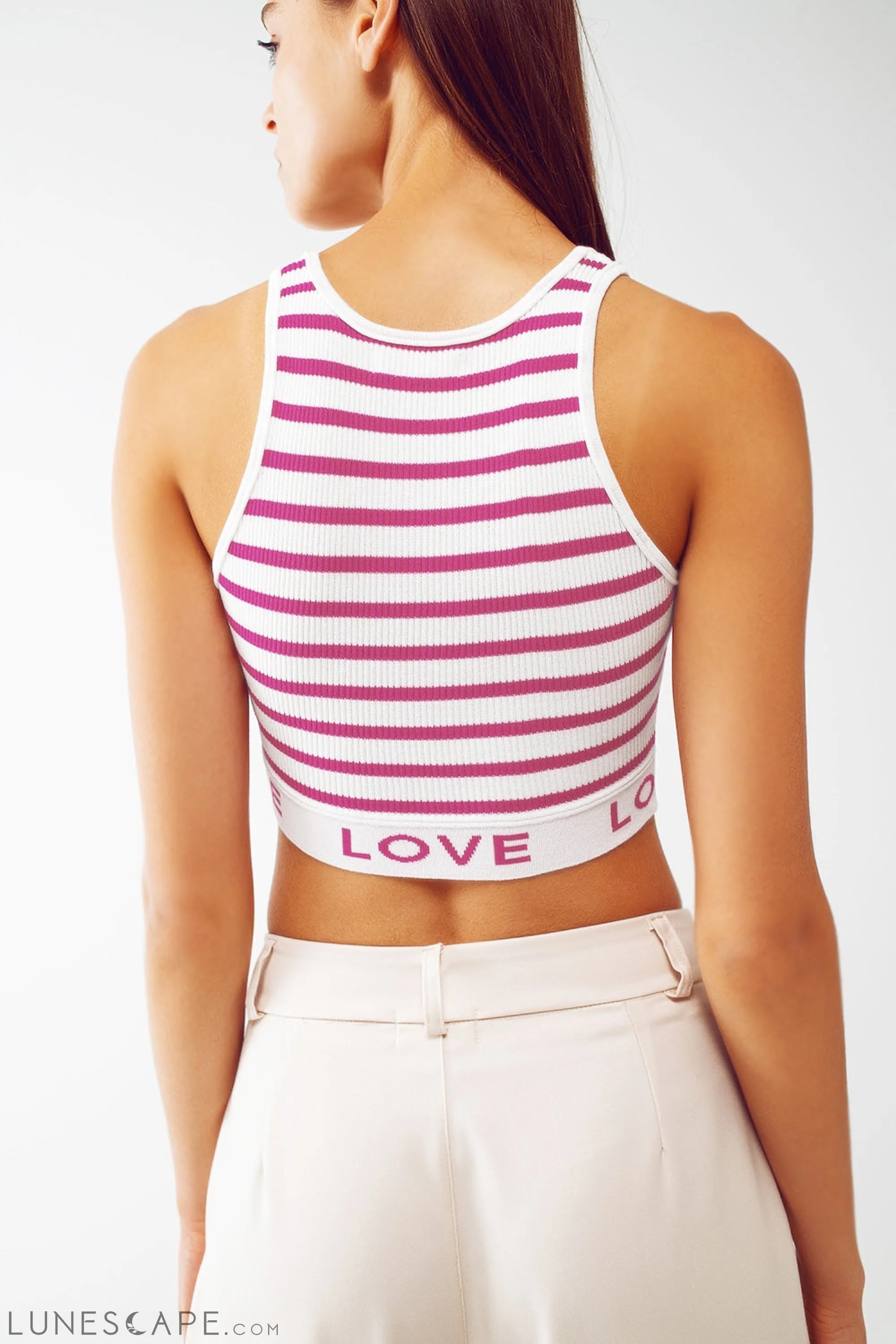 Striped Cropped Top With Love Text in Pink LUNESCAPE