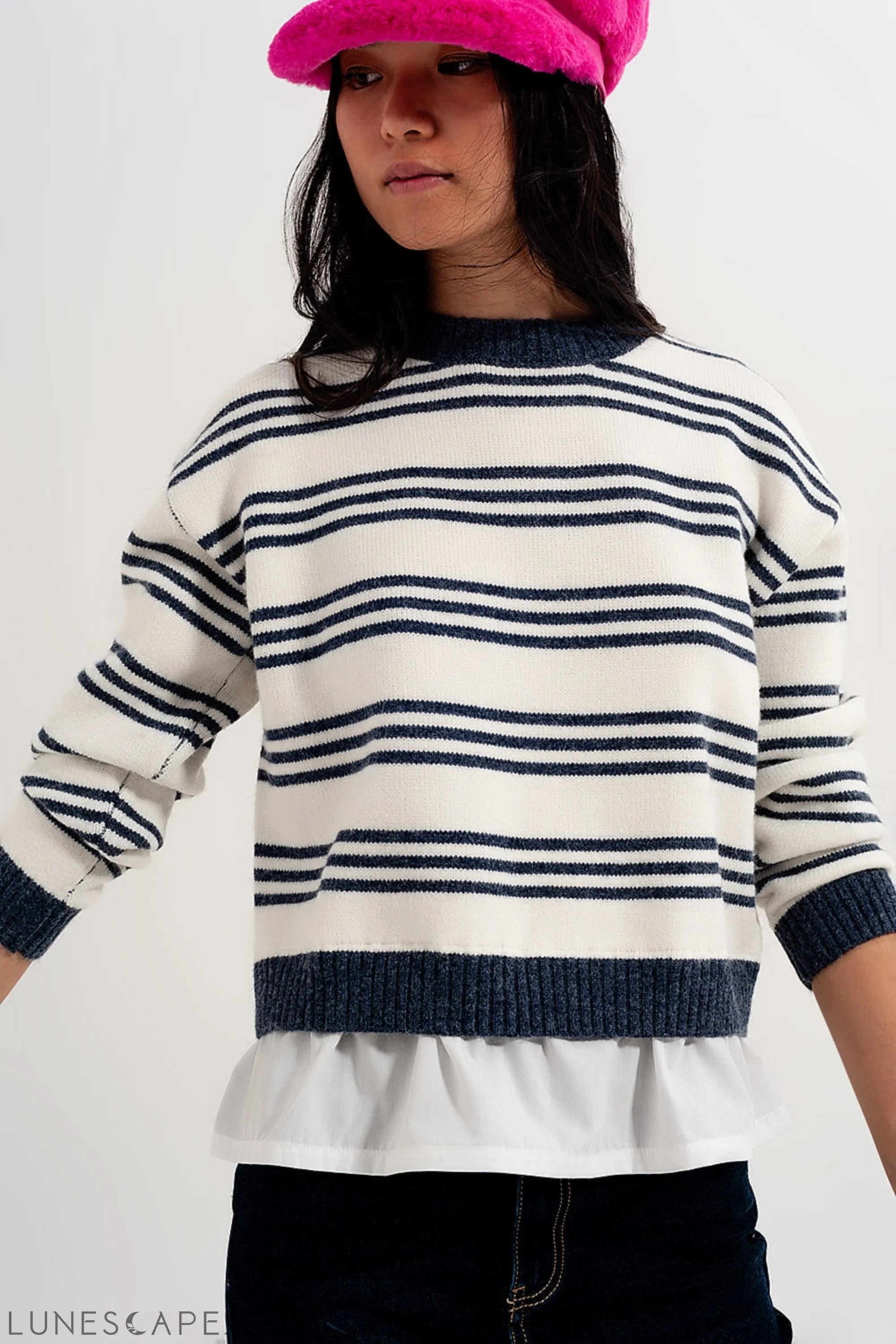 Striped Long Sleeved Sweater in White LUNESCAPE