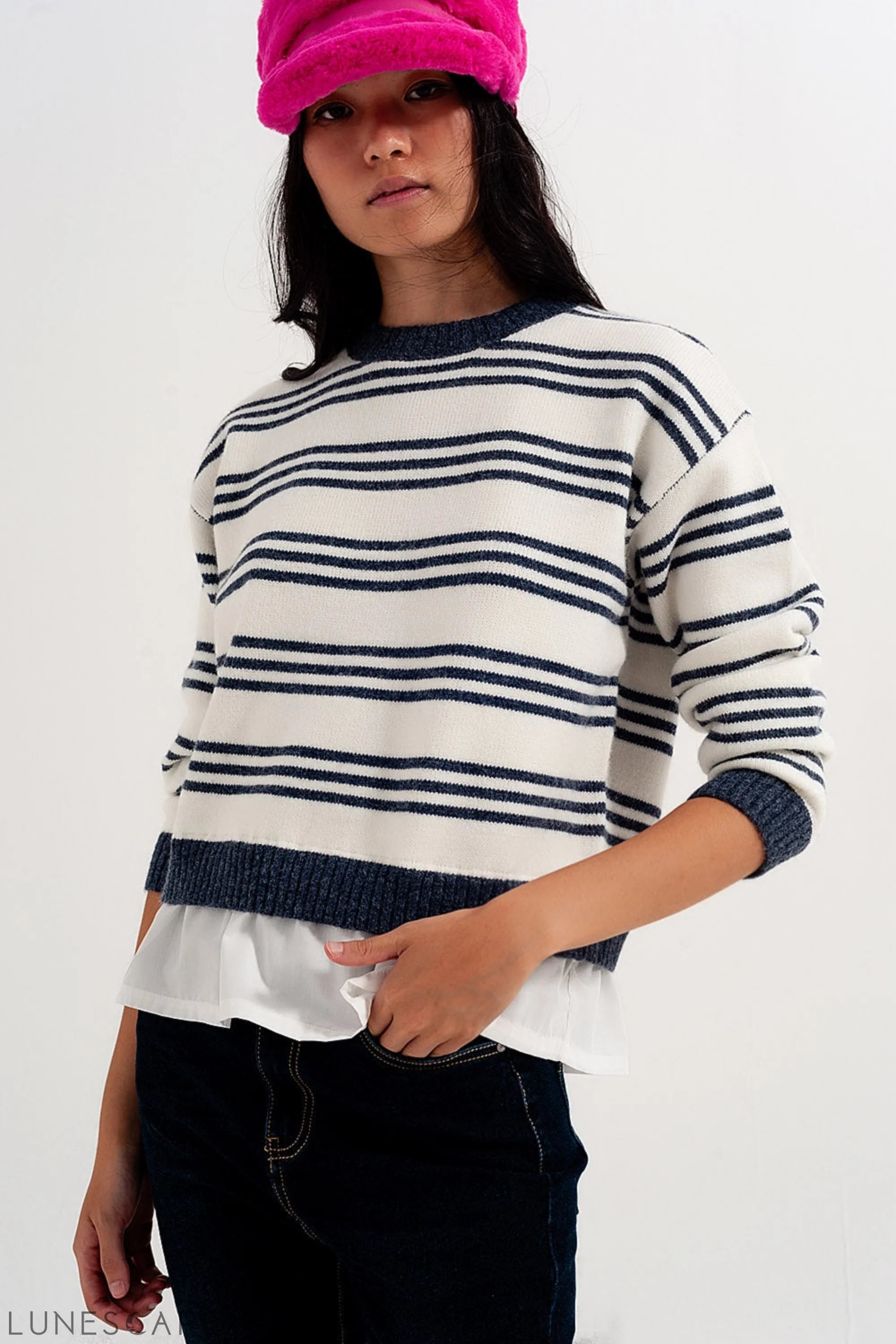 Striped Long Sleeved Sweater in White LUNESCAPE