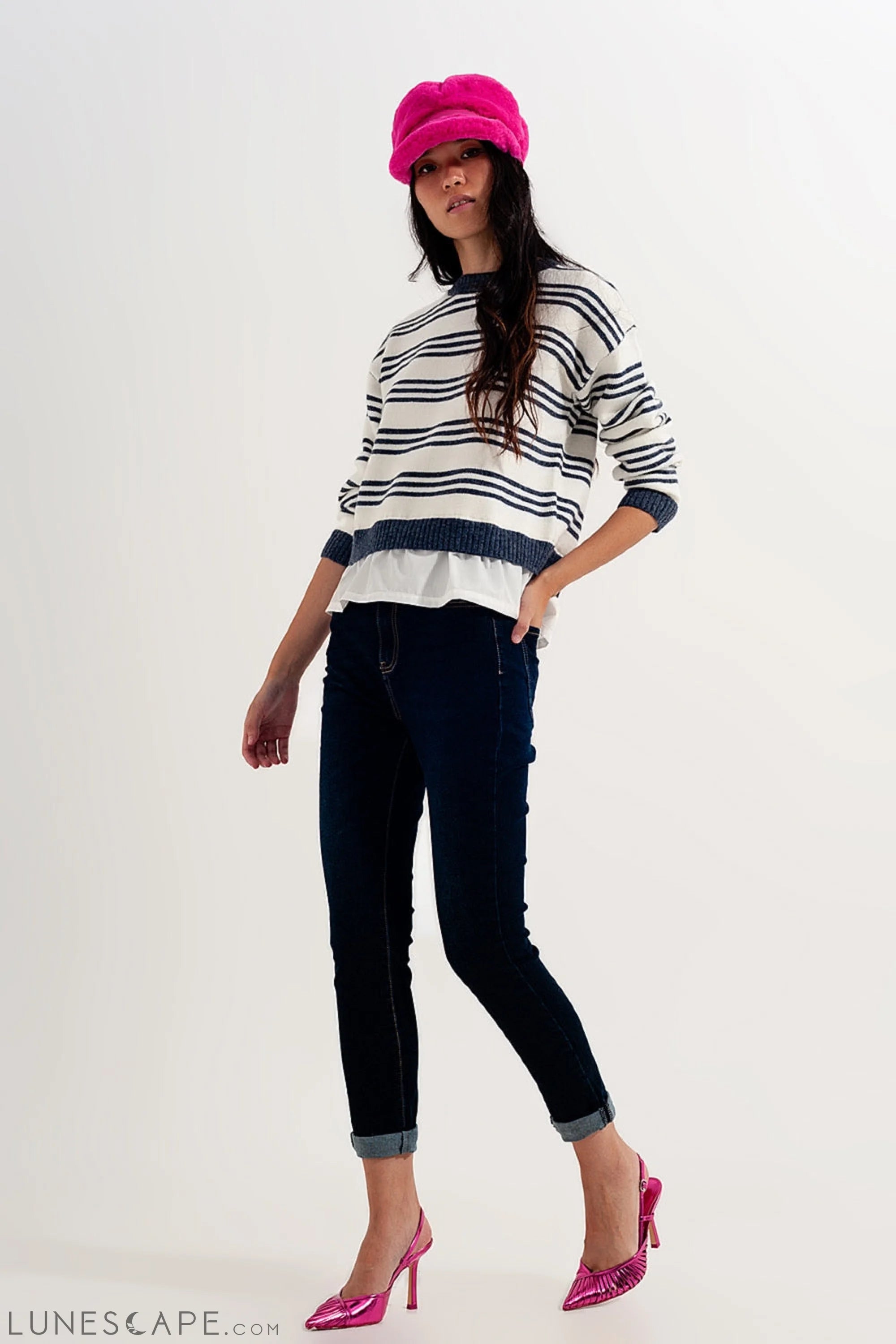 Striped Long Sleeved Sweater in White LUNESCAPE