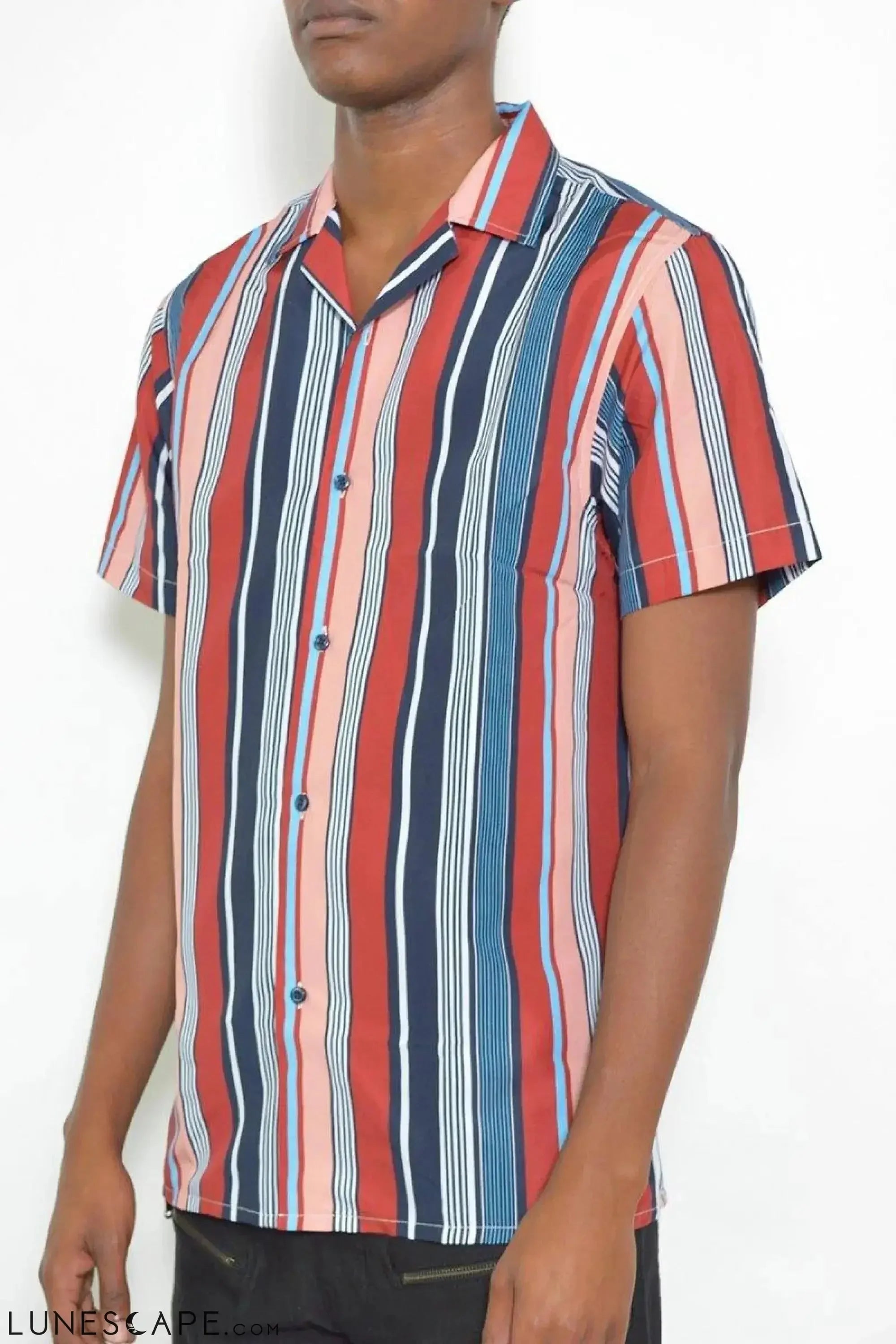 STRIPED SHORT SLEEVE BUTTON UP SHIRT LUNESCAPE