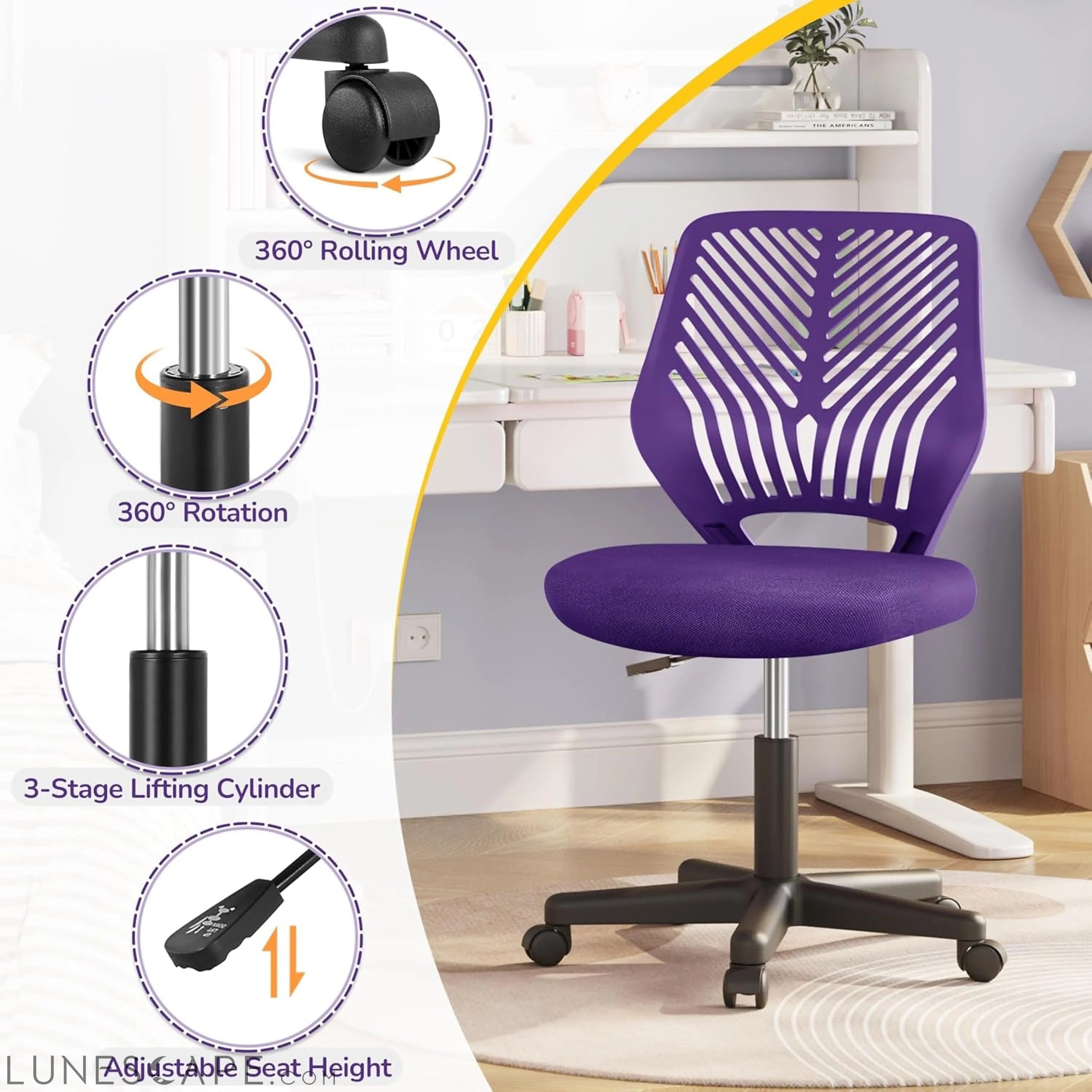 Students Cute Desk Chair Low-Back Armless Study Chair W/Lumbar Support LUNESCAPE