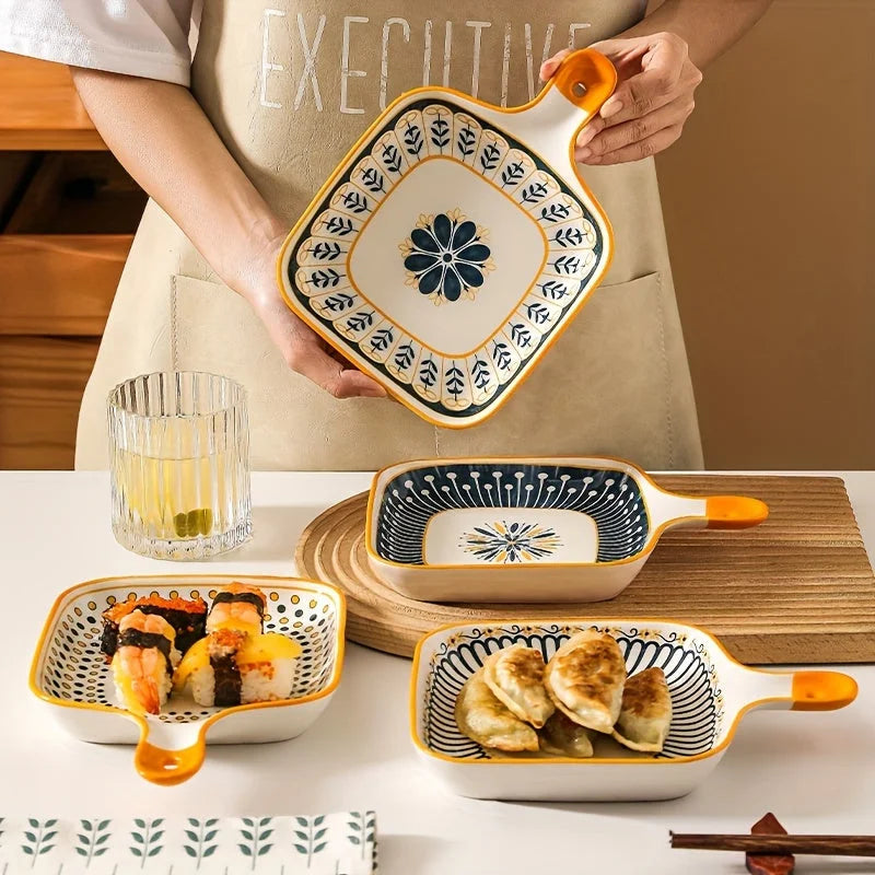Stylish Ceramic Dinner Plate with Handle  Flower Design LUNESCAPE