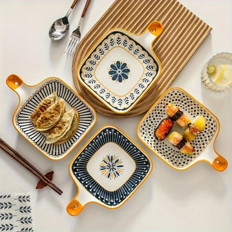 Stylish Ceramic Dinner Plate with Handle  Flower Design LUNESCAPE