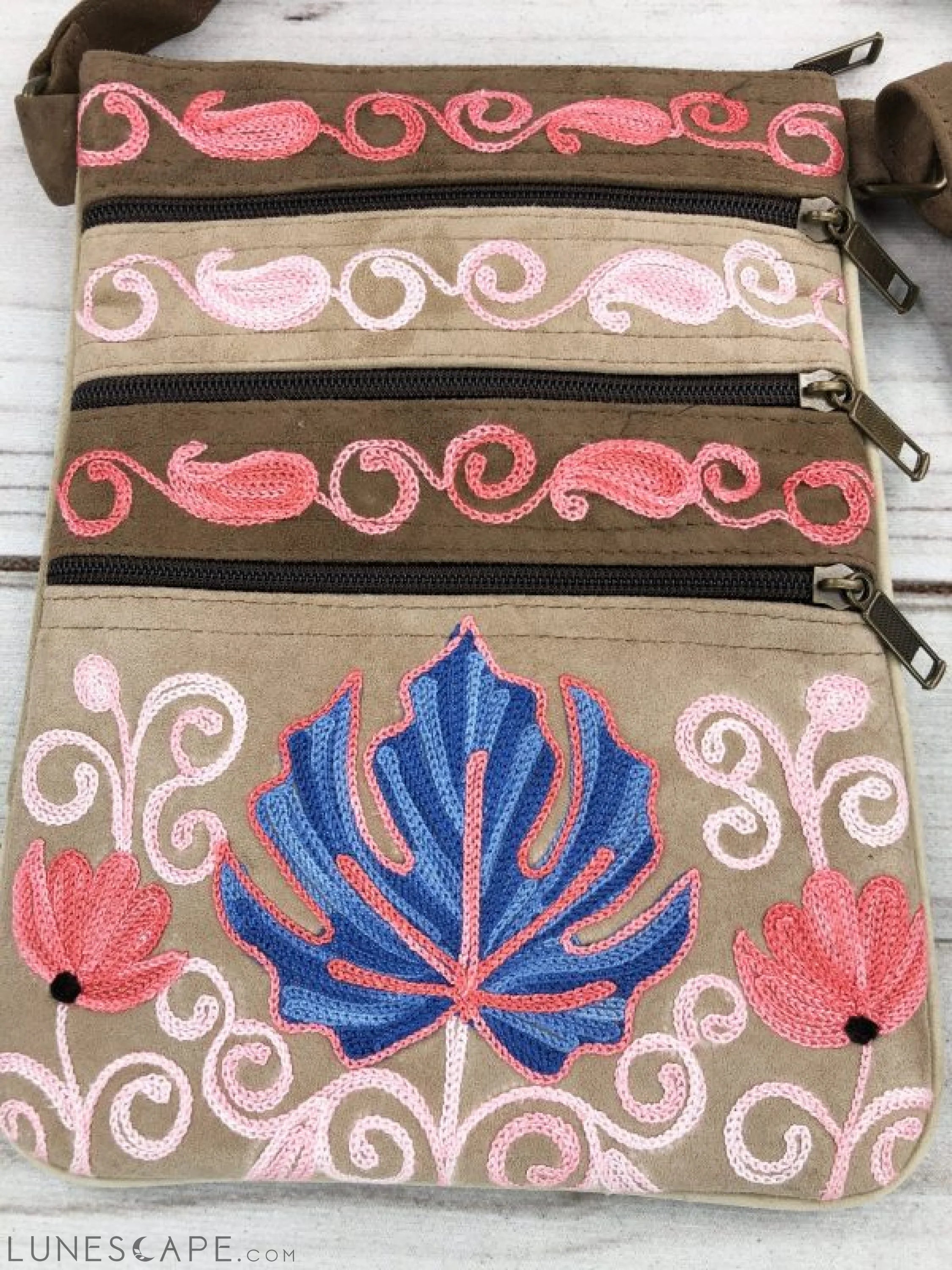 Suede Embroidered Taupe and Blue Five Zipper Crossbody Bag LUNESCAPE