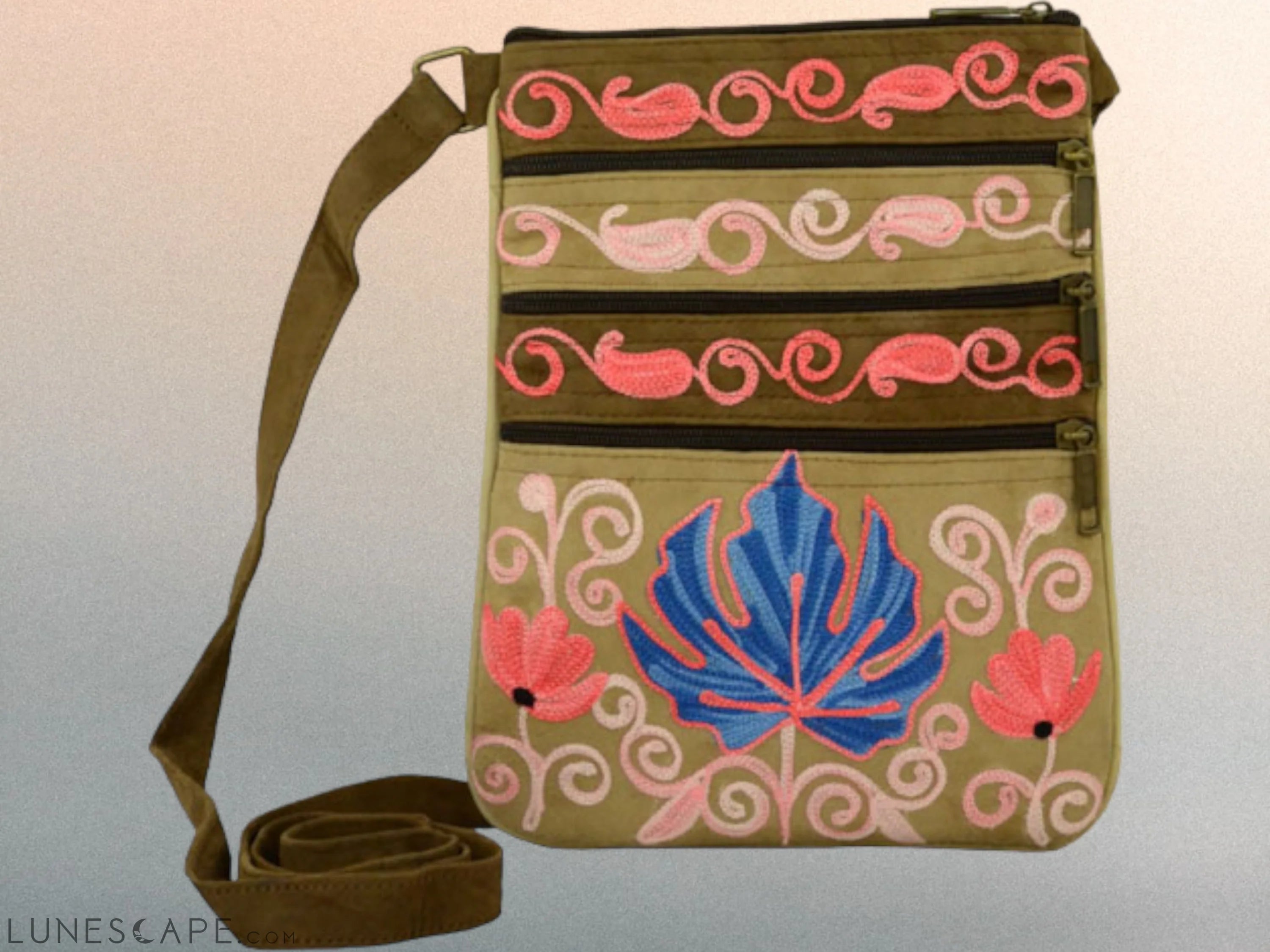 Suede Embroidered Taupe and Blue Five Zipper Crossbody Bag LUNESCAPE