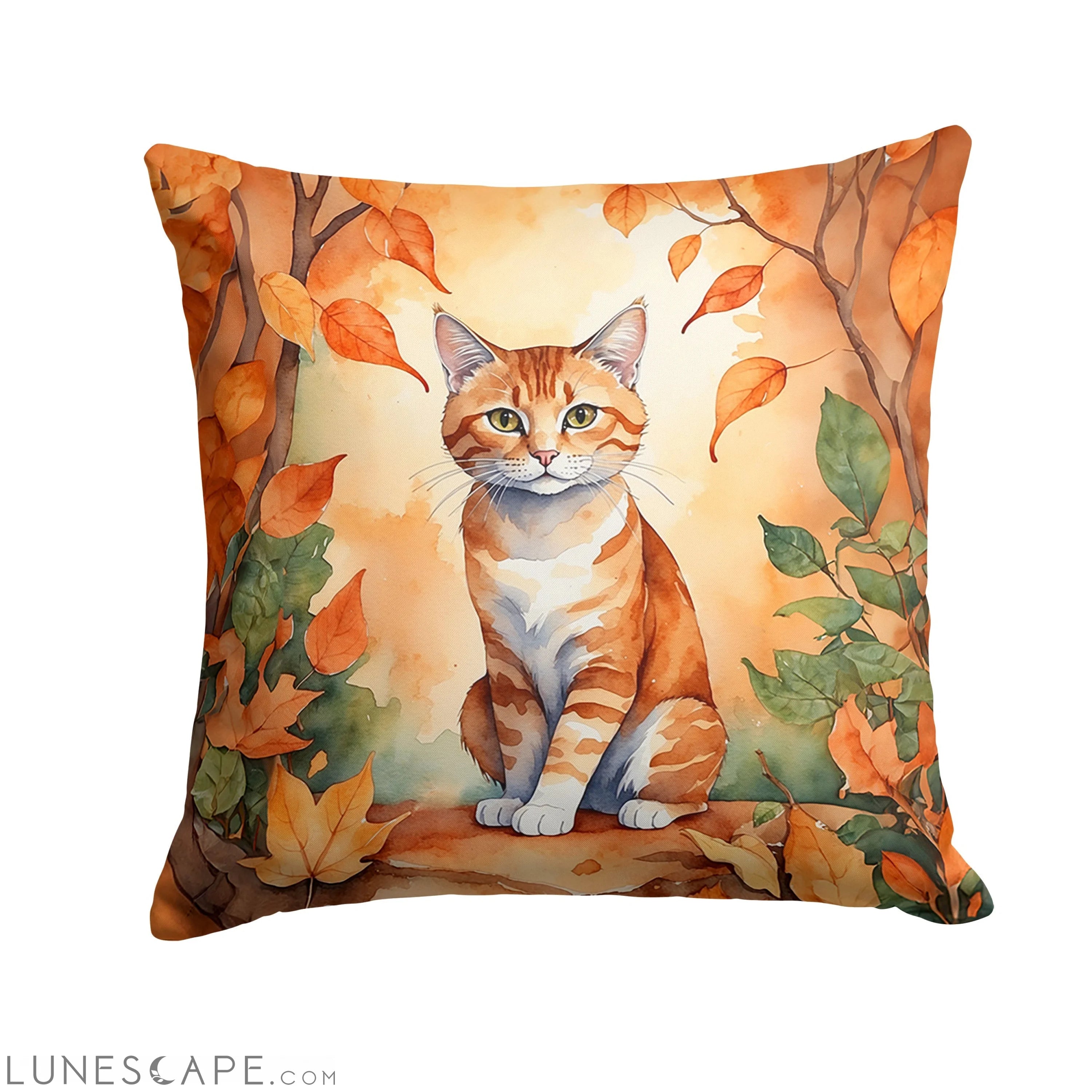 Suphalak Cat in Fall Leaves Throw Pillow LUNESCAPE