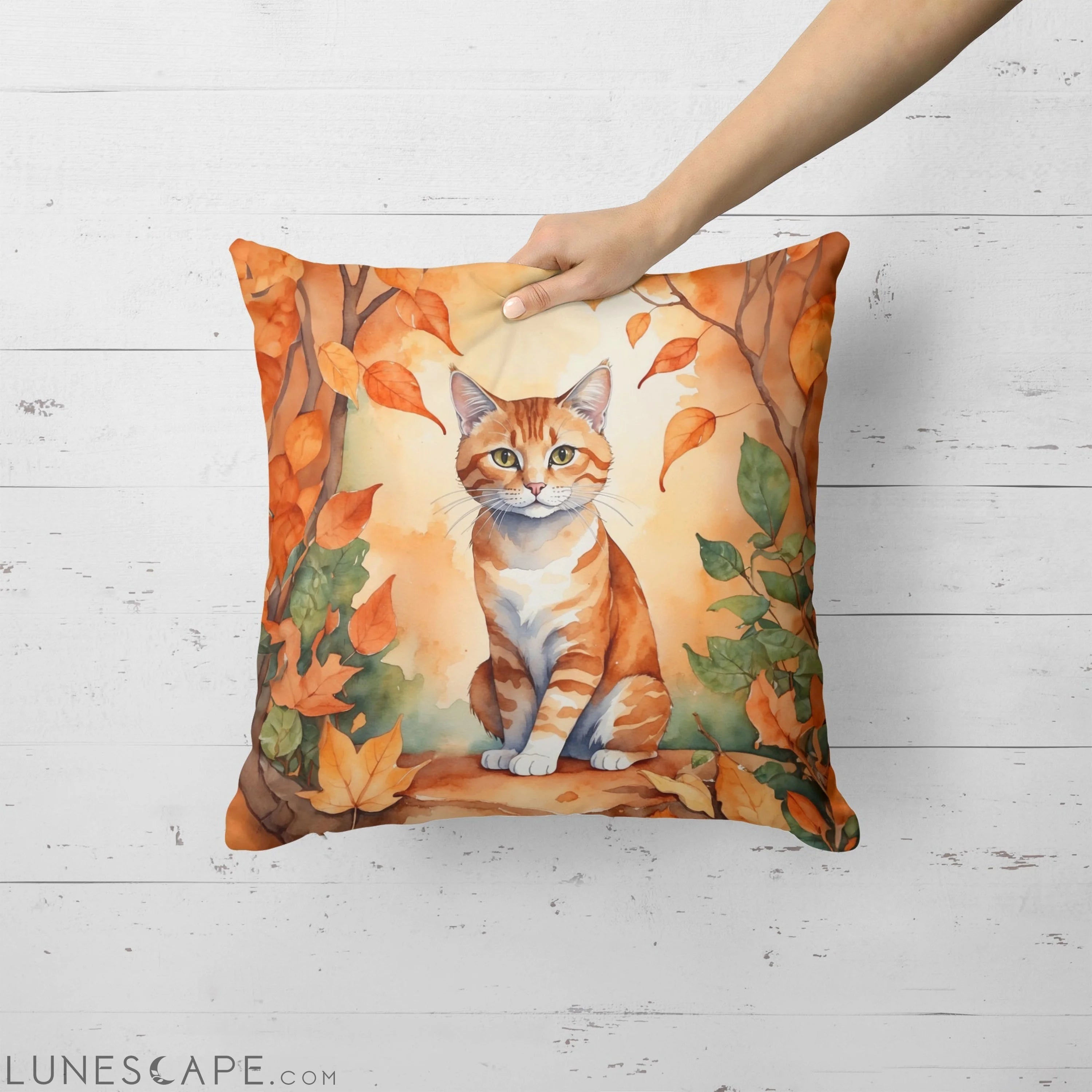 Suphalak Cat in Fall Leaves Throw Pillow LUNESCAPE