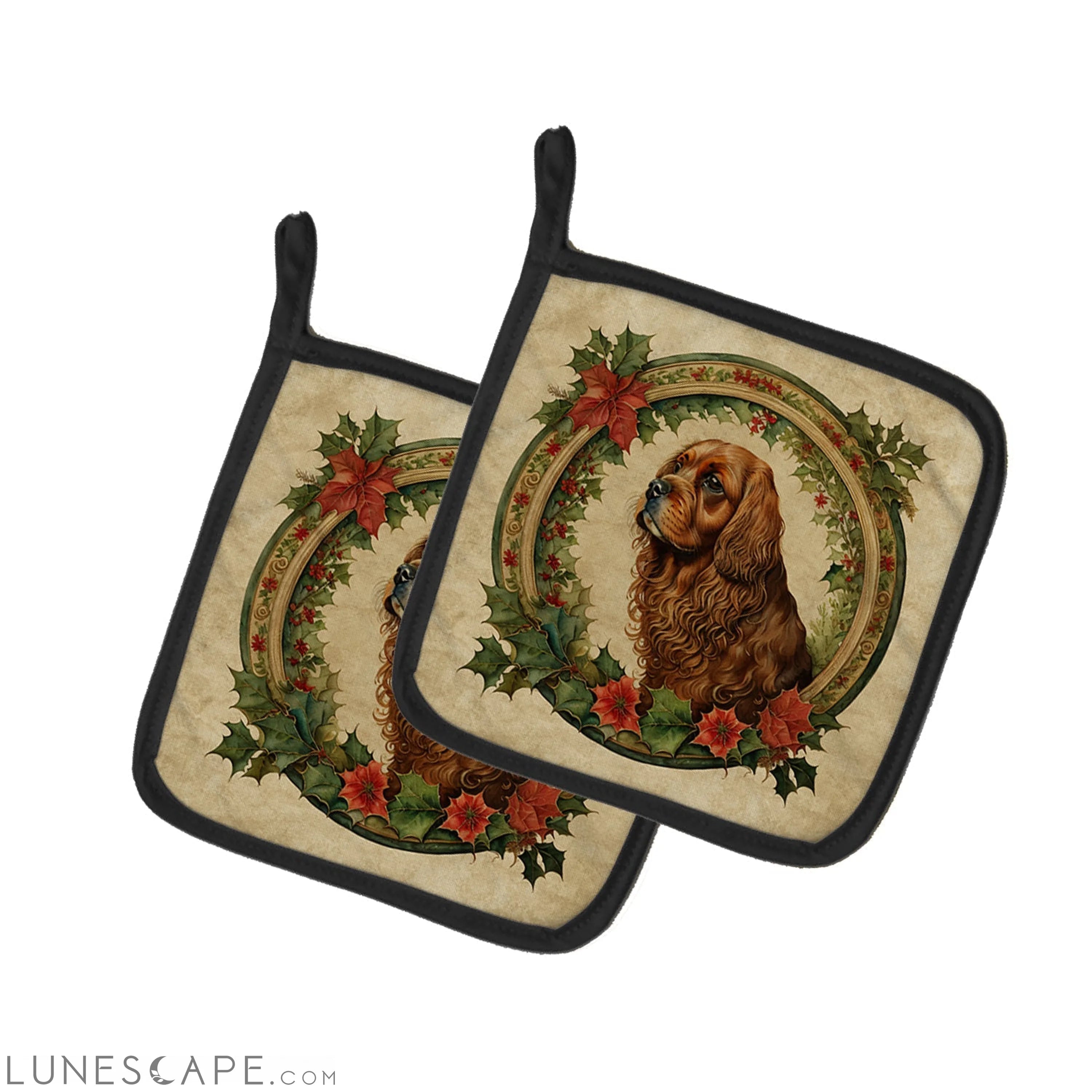 Sussex Spaniel Christmas Flowers Pair of Pot Holders LUNESCAPE