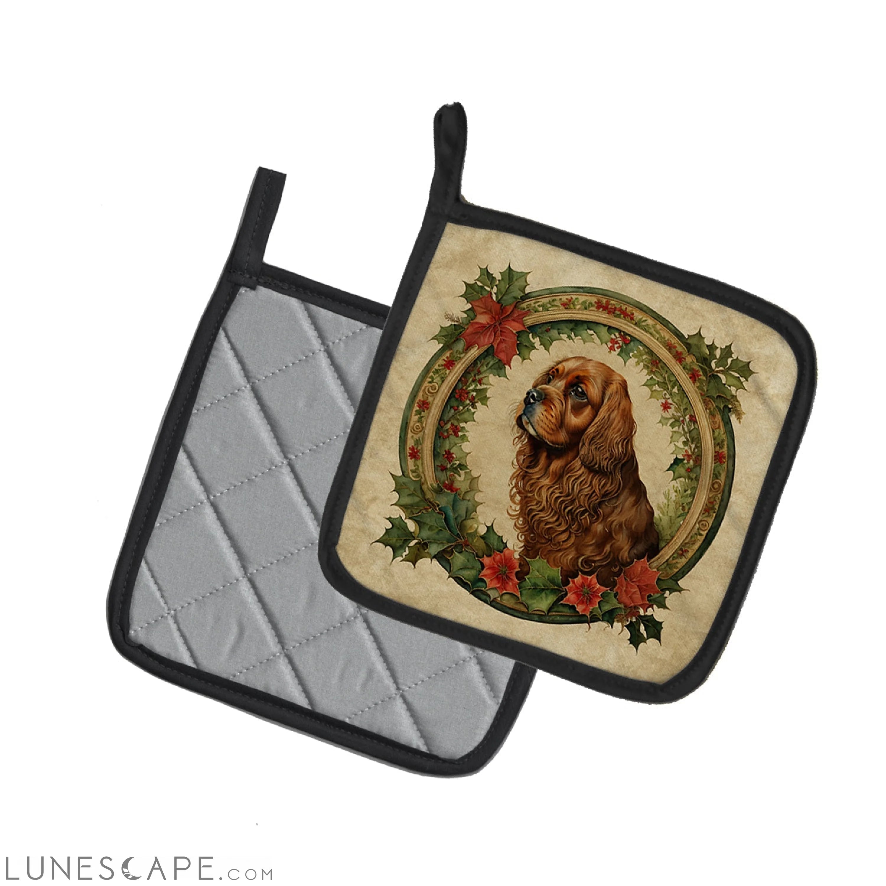 Sussex Spaniel Christmas Flowers Pair of Pot Holders LUNESCAPE