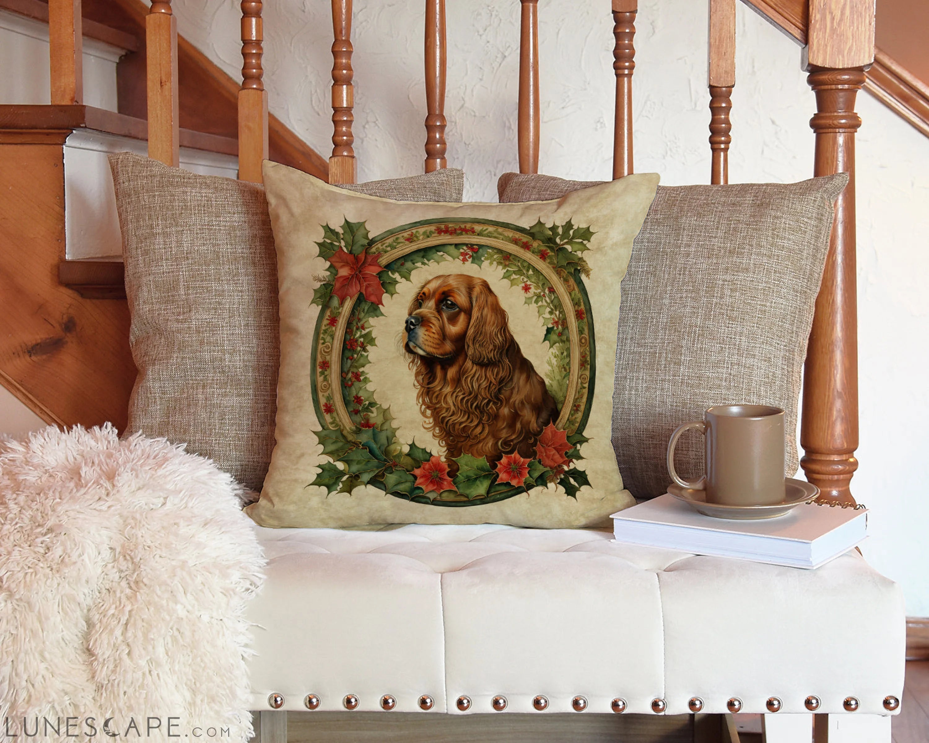 Sussex Spaniel Christmas Flowers Throw Pillow LUNESCAPE