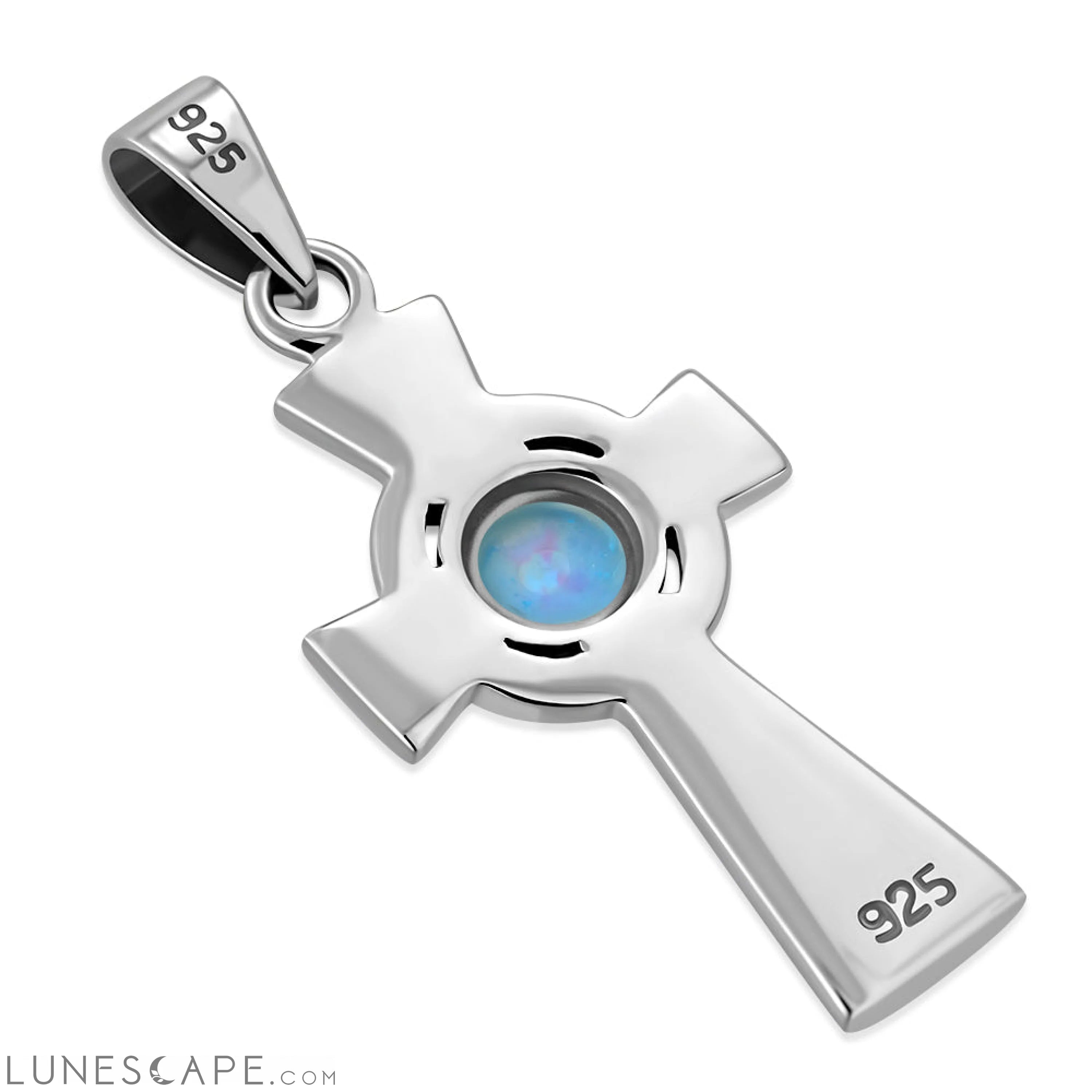 Synthetic Blue Opal Celtic Cross Silver Pendant LUNESCAPE