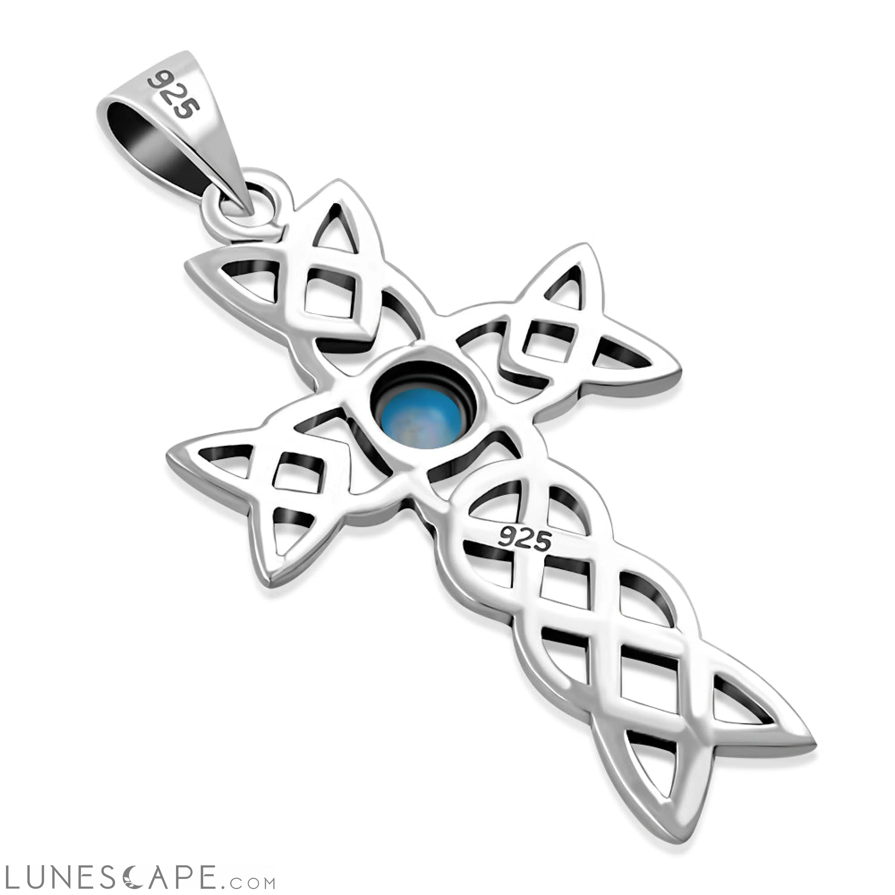 Synthetic Blue Opal Cross Celtic Knot Silver Pendant LUNESCAPE