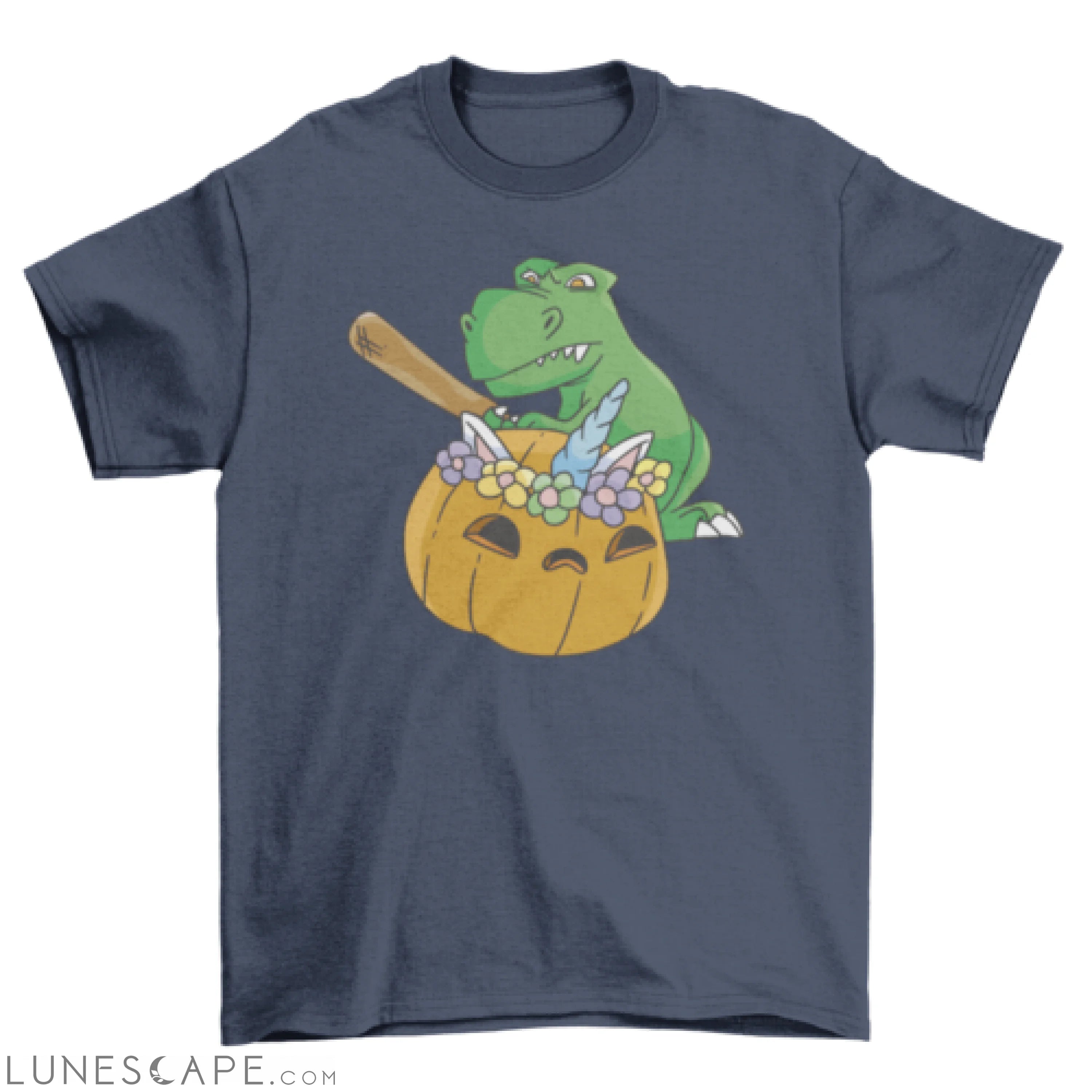 T-rex dinosaur with unicorn pumpkin t-shirt LUNESCAPE