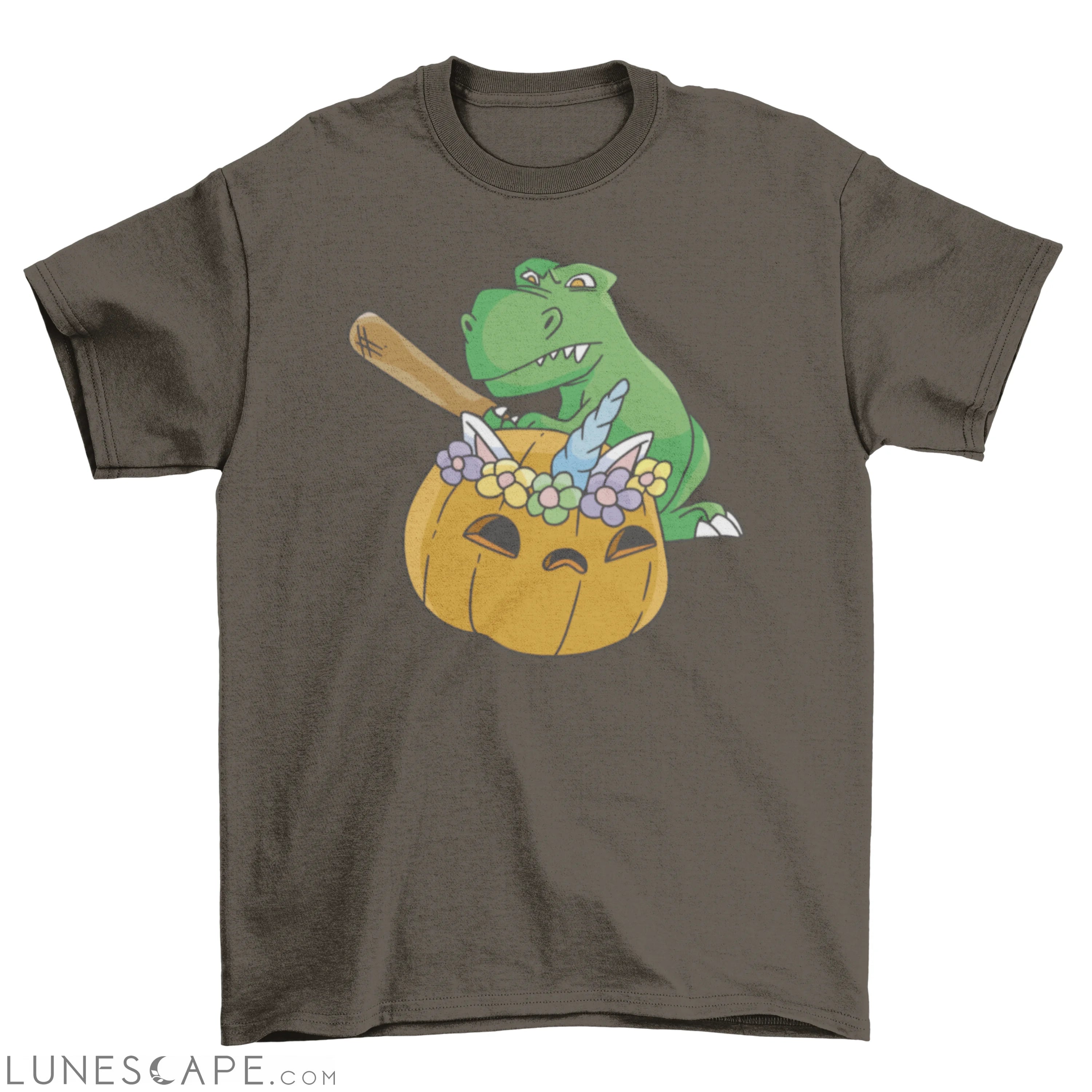 T-rex dinosaur with unicorn pumpkin t-shirt LUNESCAPE