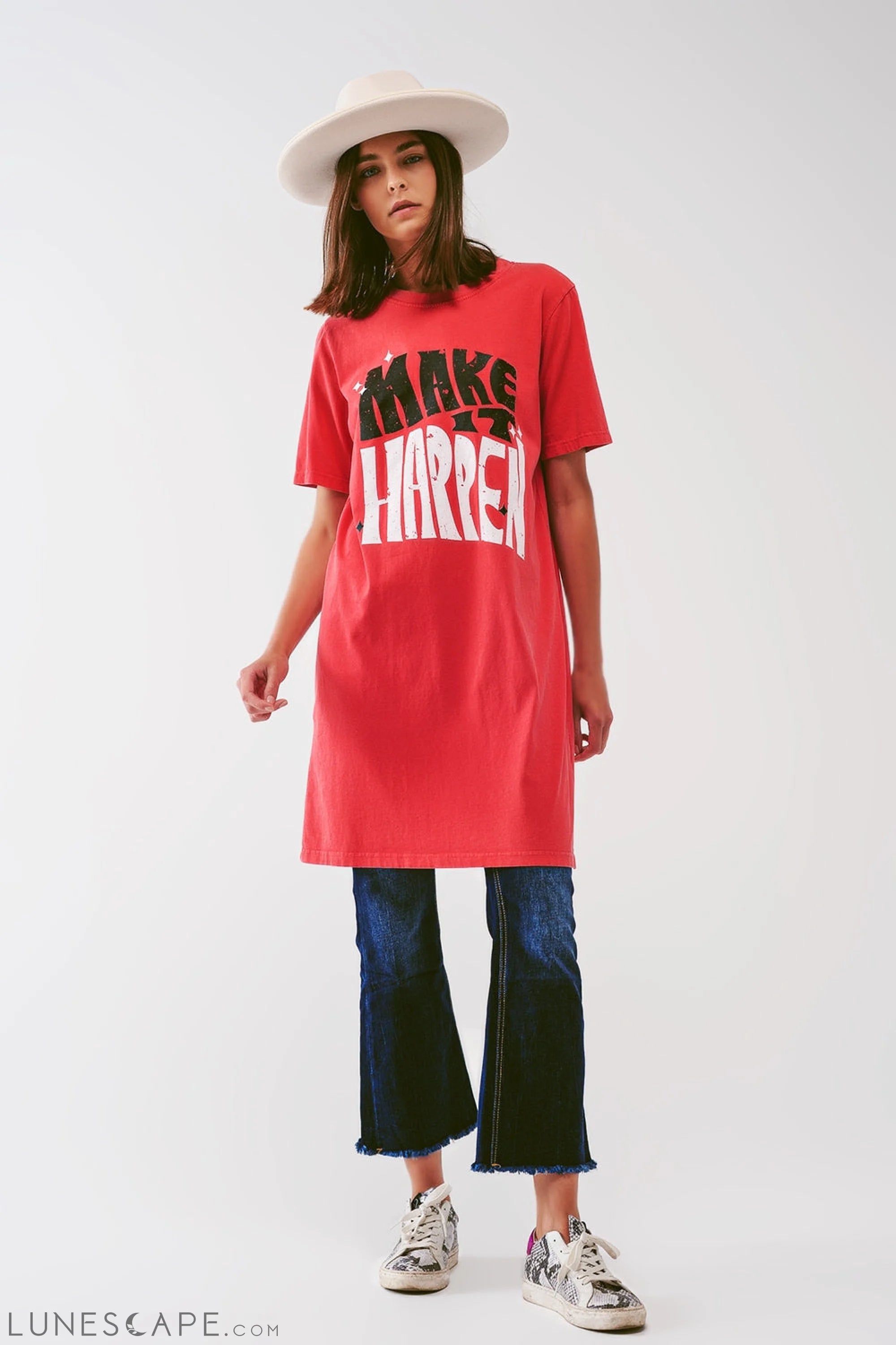 T-Shirt Dress With Make It Happen Text in Red LUNESCAPE