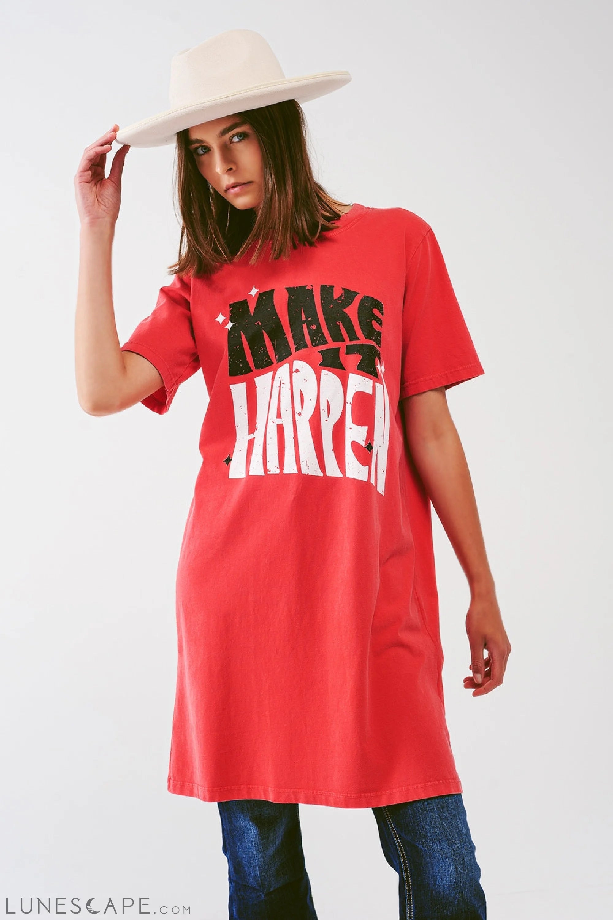 T-Shirt Dress With Make It Happen Text in Red LUNESCAPE