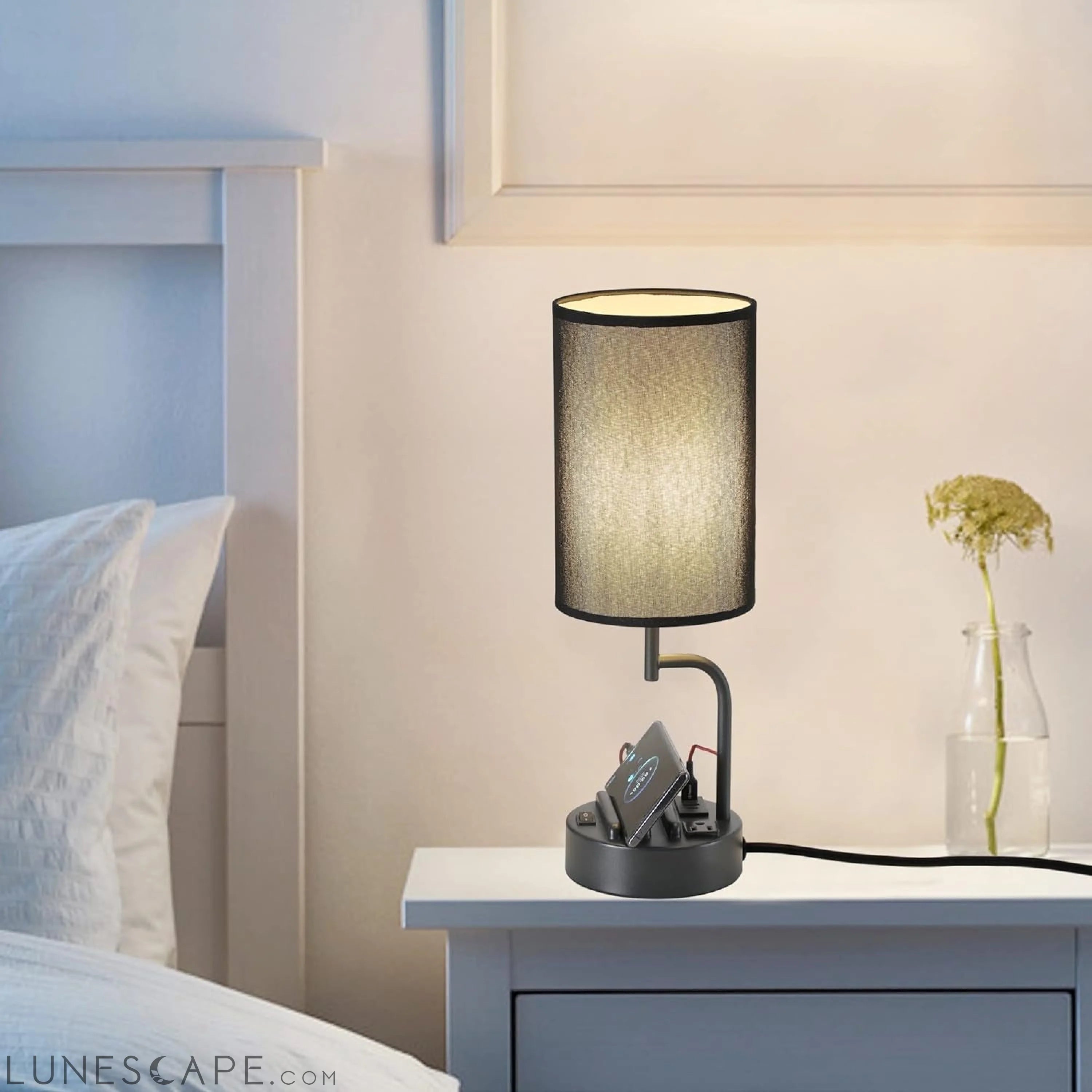 Table Lamp with 3 USB Charging Ports, Modern Desk Lamp with AC Outlet LUNESCAPE