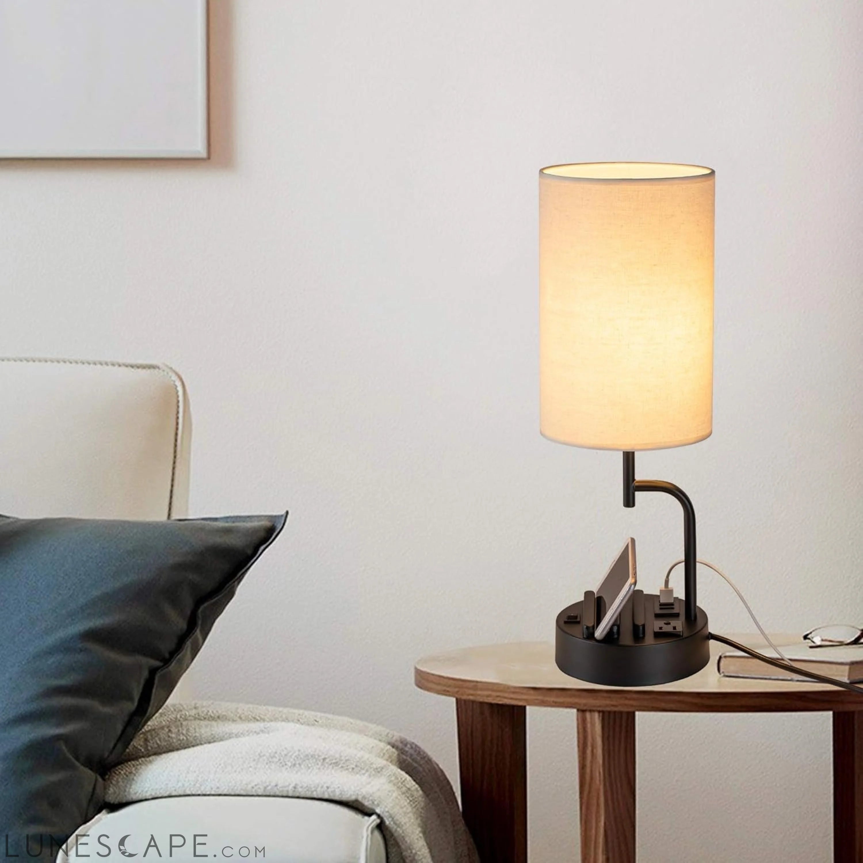 Table Lamp with 3 USB Charging Ports, Modern Desk Lamp with AC Outlet LUNESCAPE