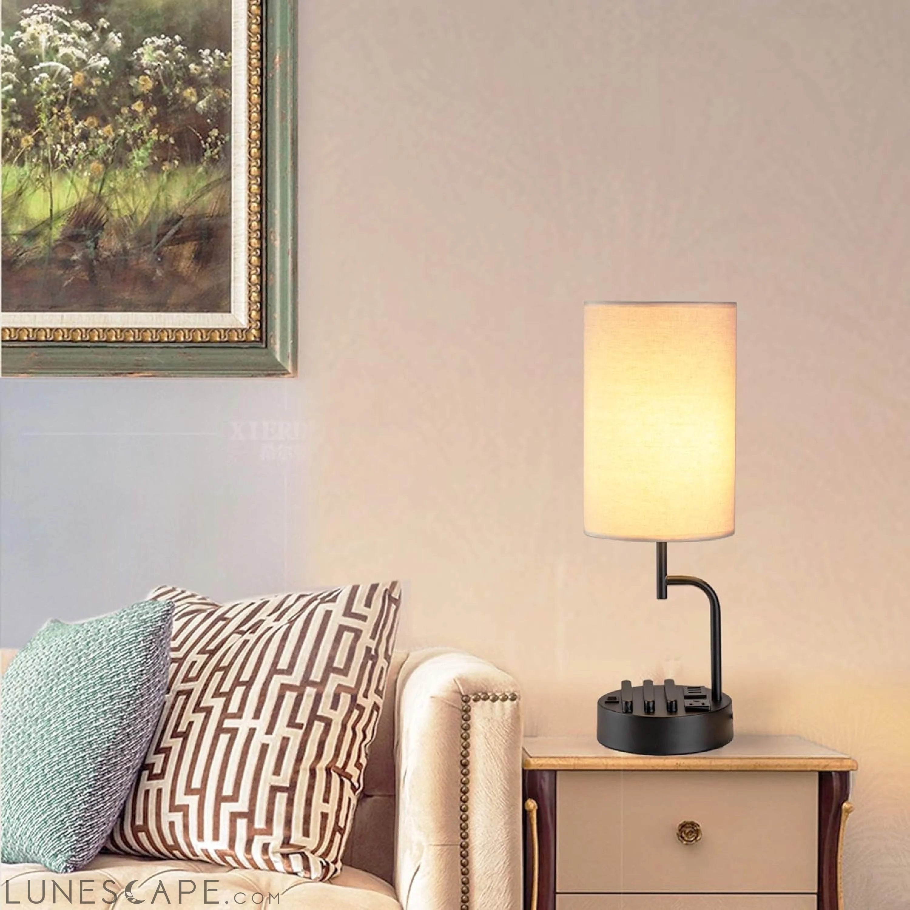 Table Lamp with 3 USB Charging Ports, Modern Desk Lamp with AC Outlet LUNESCAPE