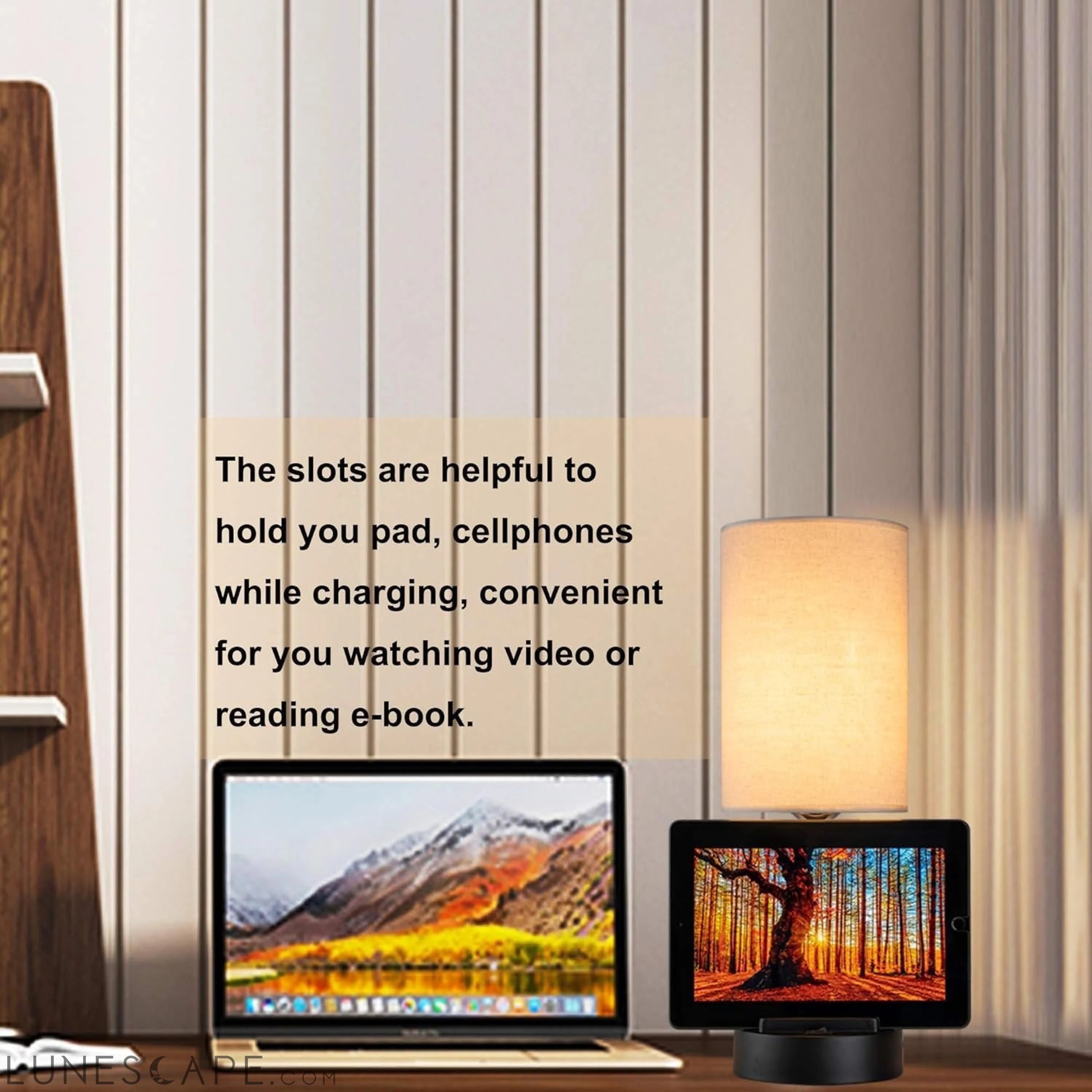Table Lamp with 3 USB Charging Ports, Modern Desk Lamp with AC Outlet LUNESCAPE