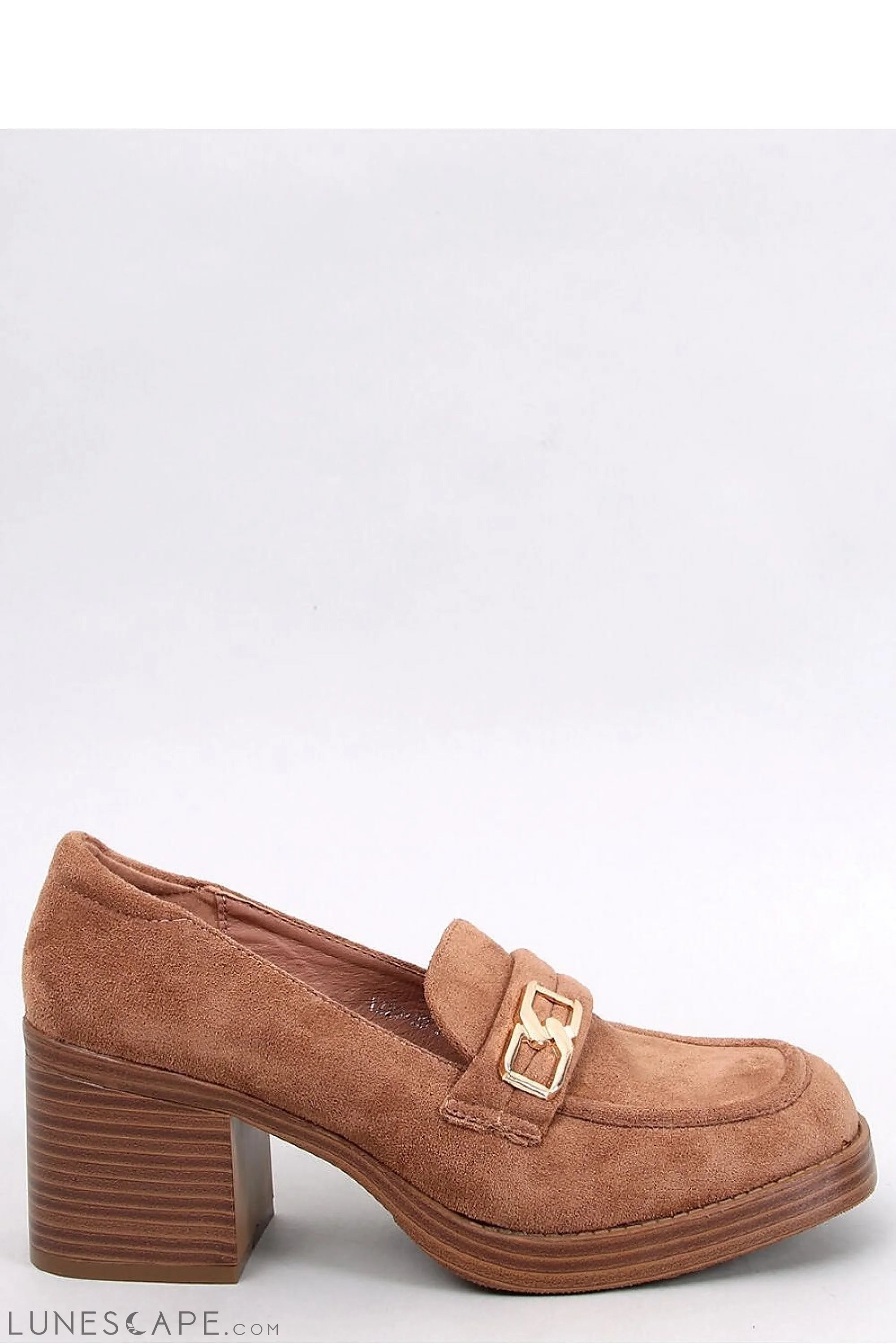 Tan Vegan Suede Loafers – Women's Almond Toe Stacked Block Heel with Gold Buckle LUNESCAPE