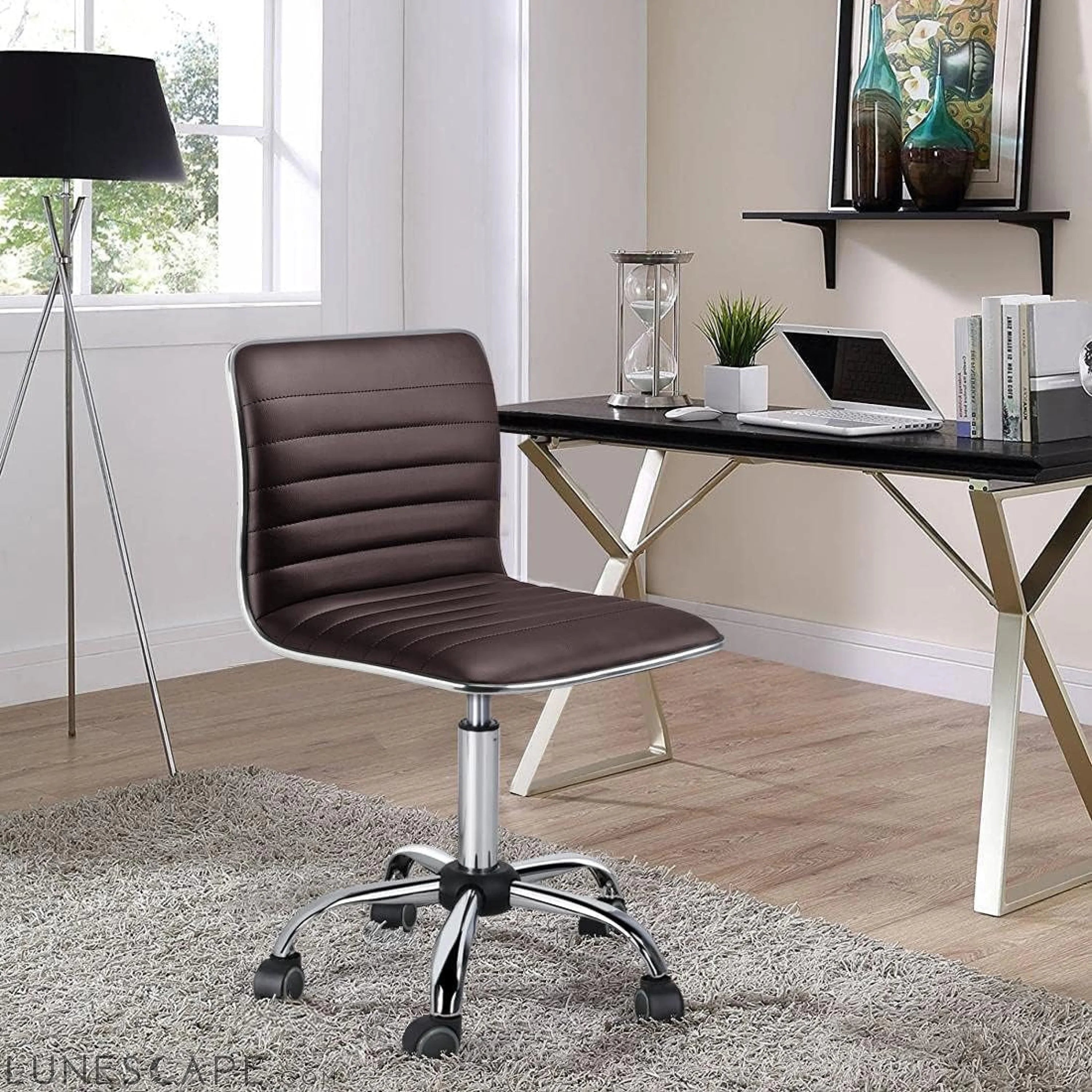 Task Chair Armless Office Chair PU Leather Ribbered Modern Desk Chair LUNESCAPE
