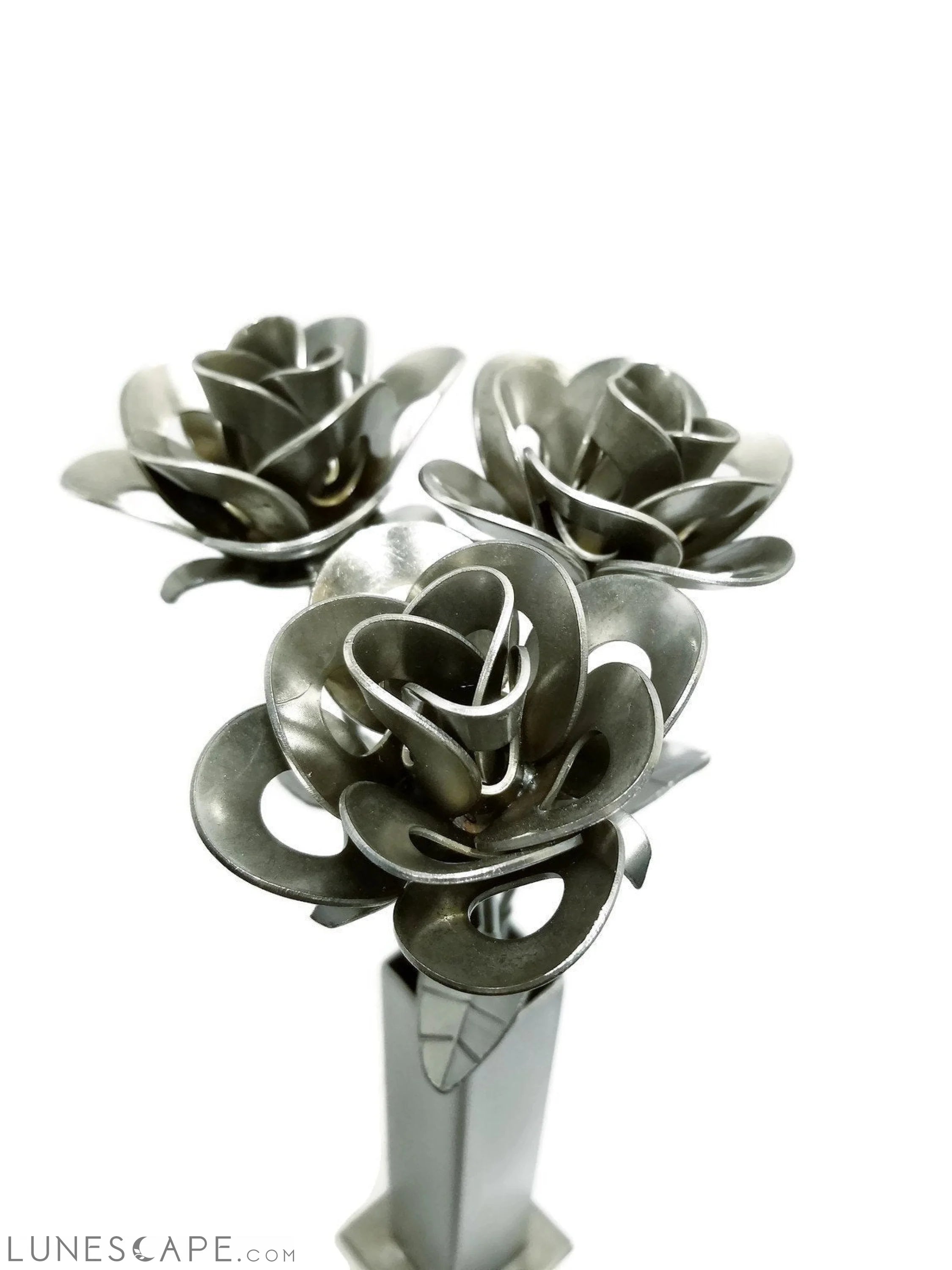 Three Metal Roses and Vase, Metal Roses and Vase, Steampunk Roses LUNESCAPE