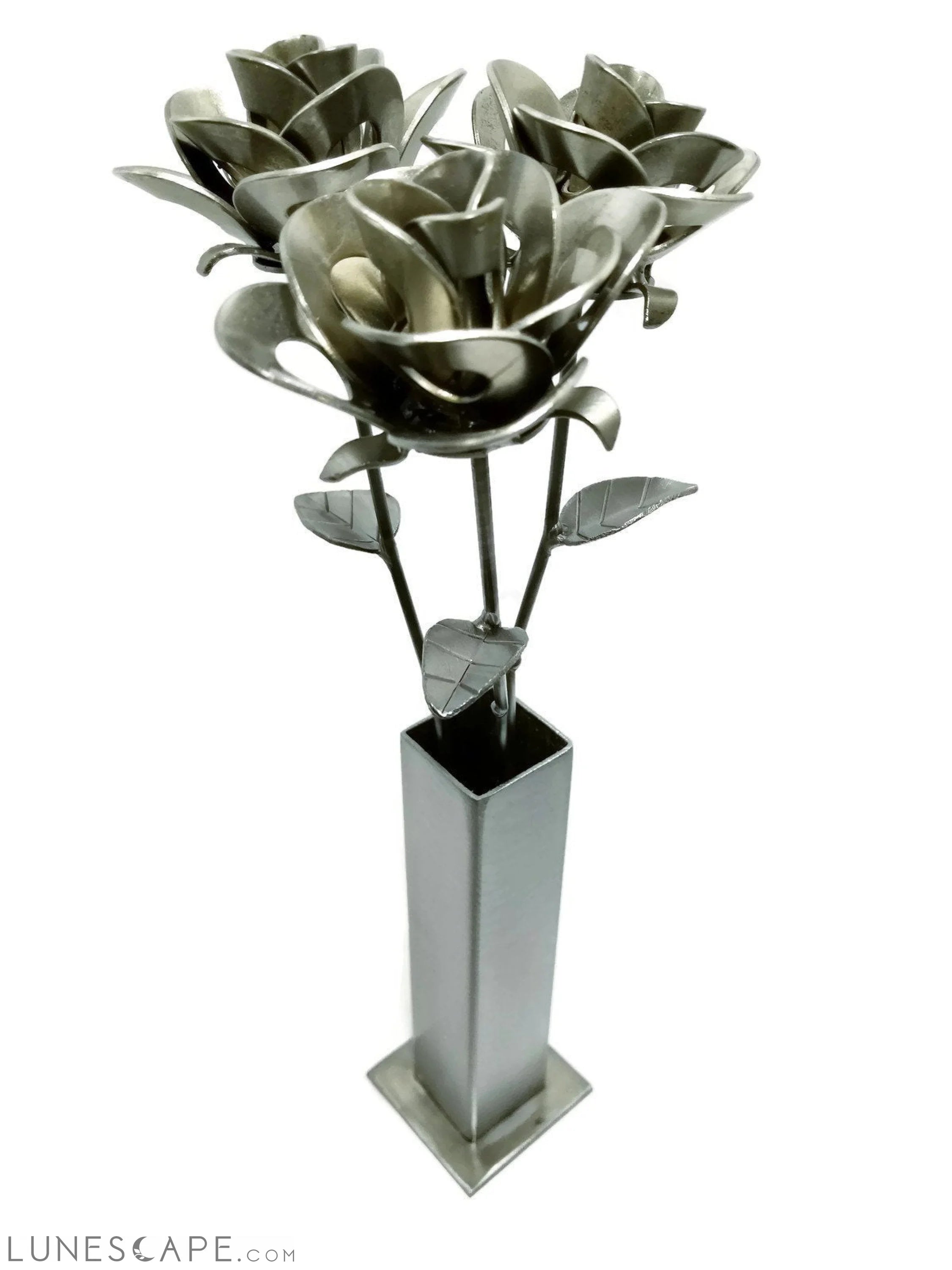 Three Metal Roses and Vase, Metal Roses and Vase, Steampunk Roses LUNESCAPE