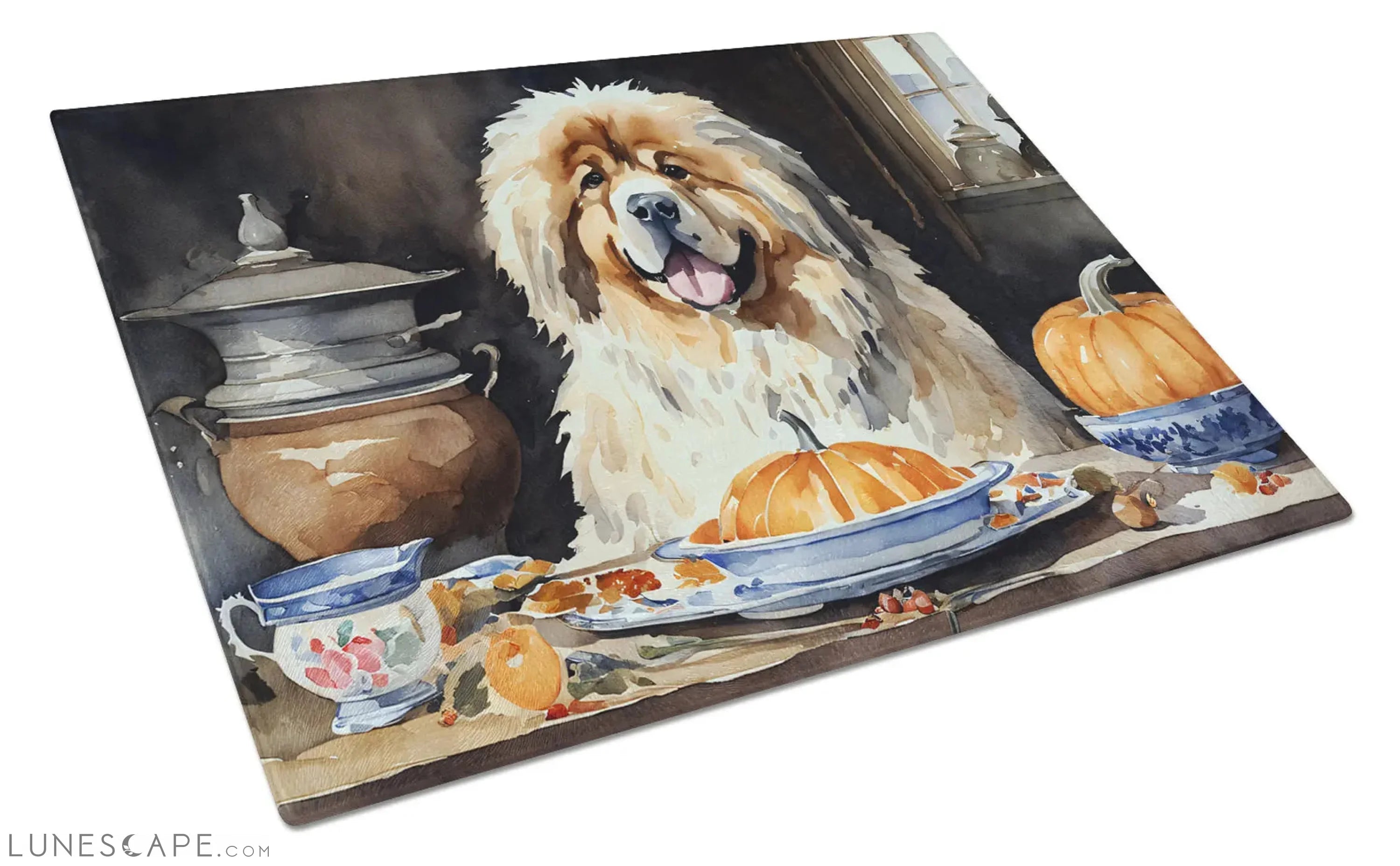 Tibetan Mastiff Thanksgiving Fall Kitchen Pumpkins Glass Cutting Board LUNESCAPE