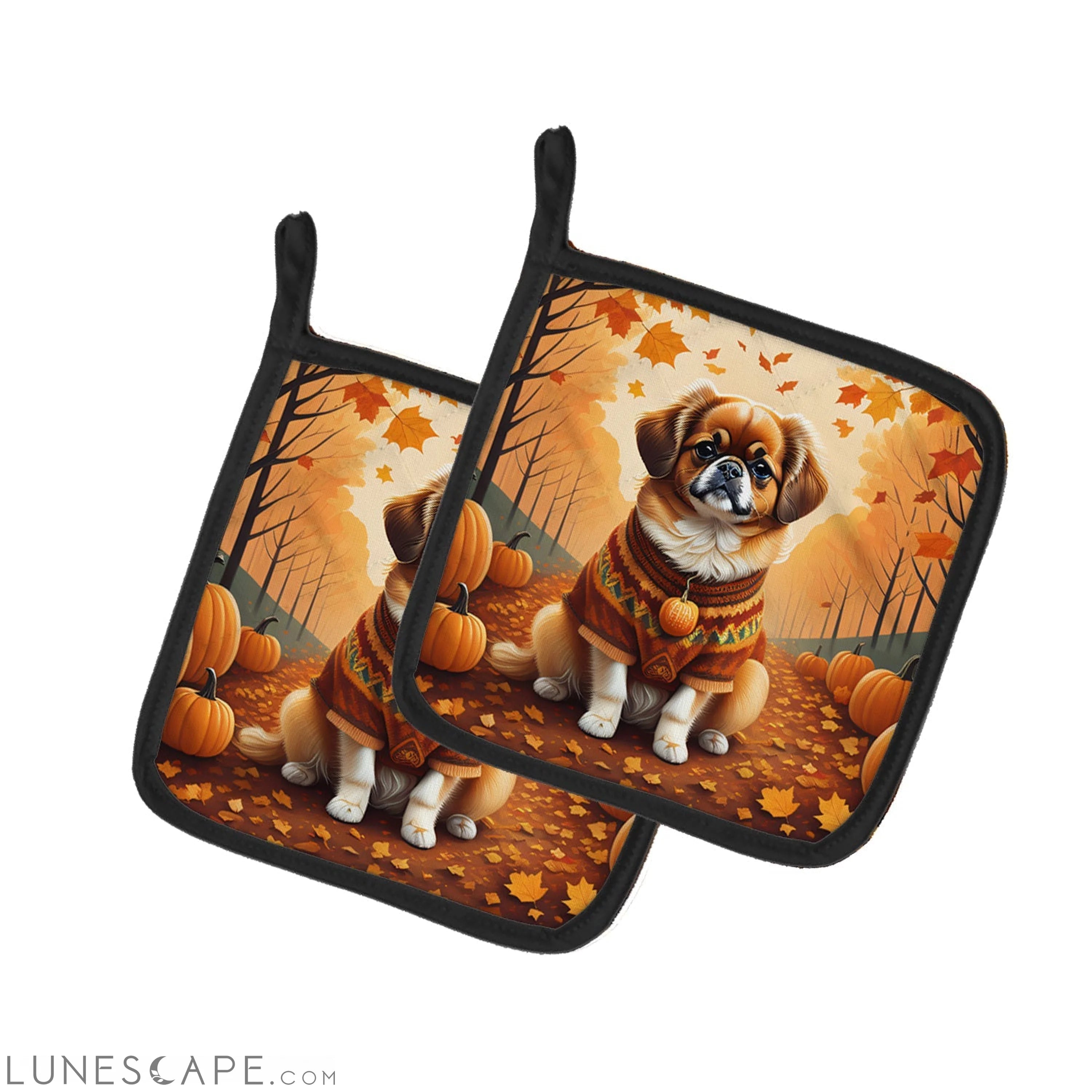 Tibetan Spaniel Fall Pair of Pot Holders LUNESCAPE